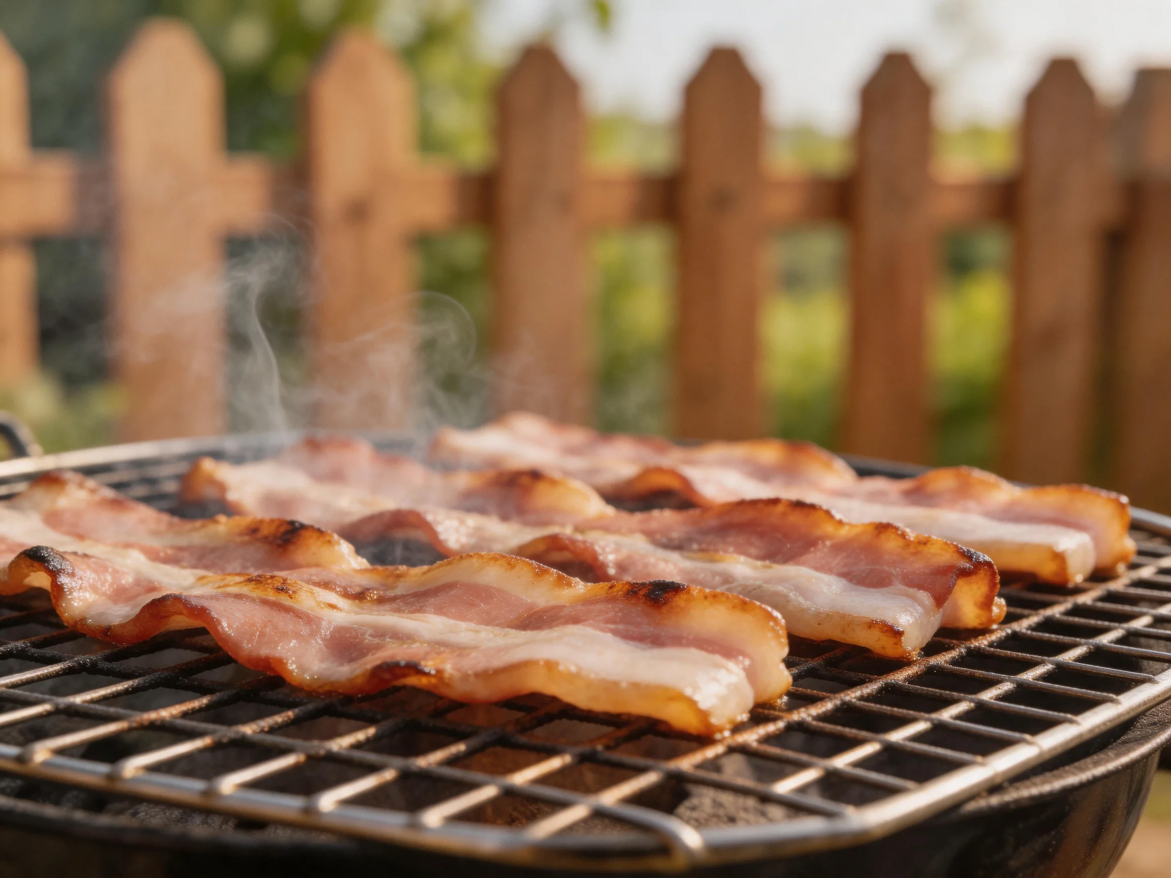 Bacon strips cooking on a charcoal grill outdoors by a wooden fence