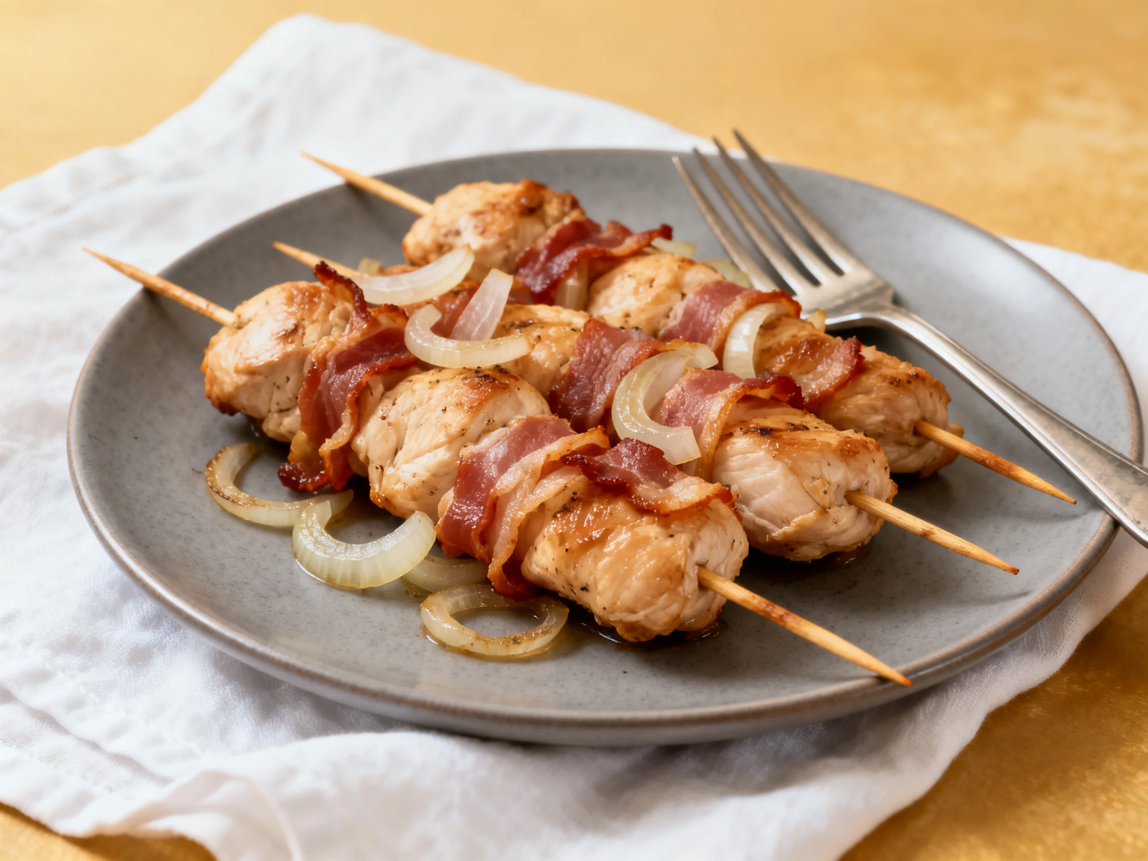 Bacon-wrapped chicken skewers with caramelized onions on a gray plate