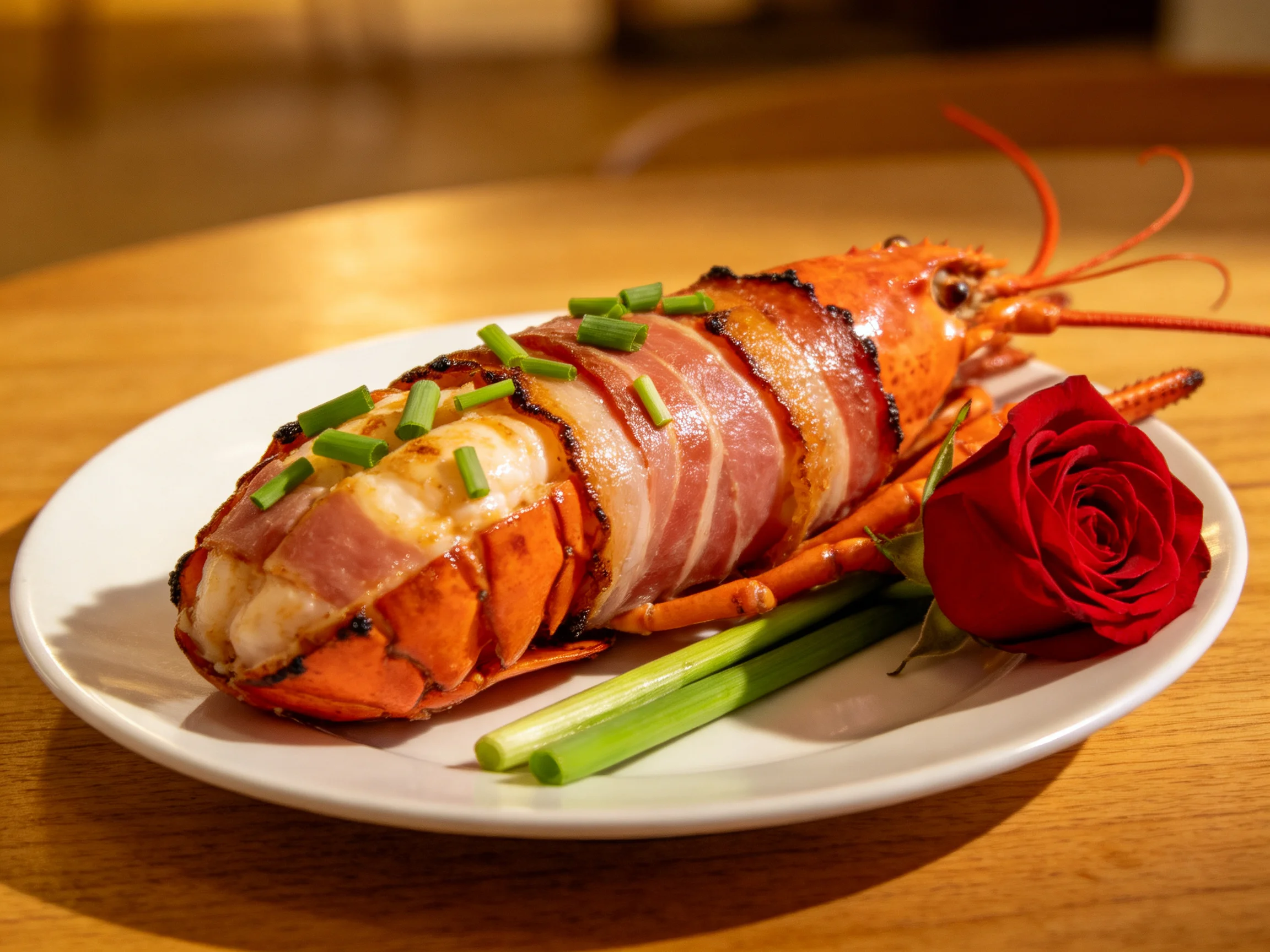 Bacon-wrapped lobster tail garnished with chives and a red rose