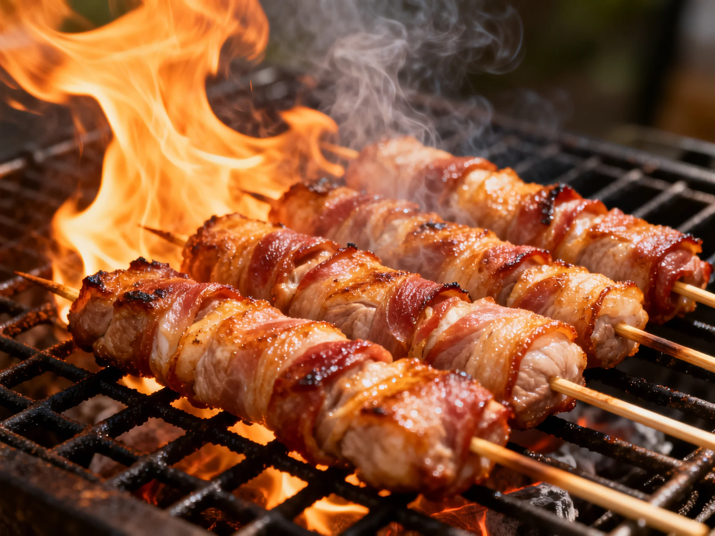 Bacon-wrapped meat skewers grilling over bright orange flames on a charcoal grill
