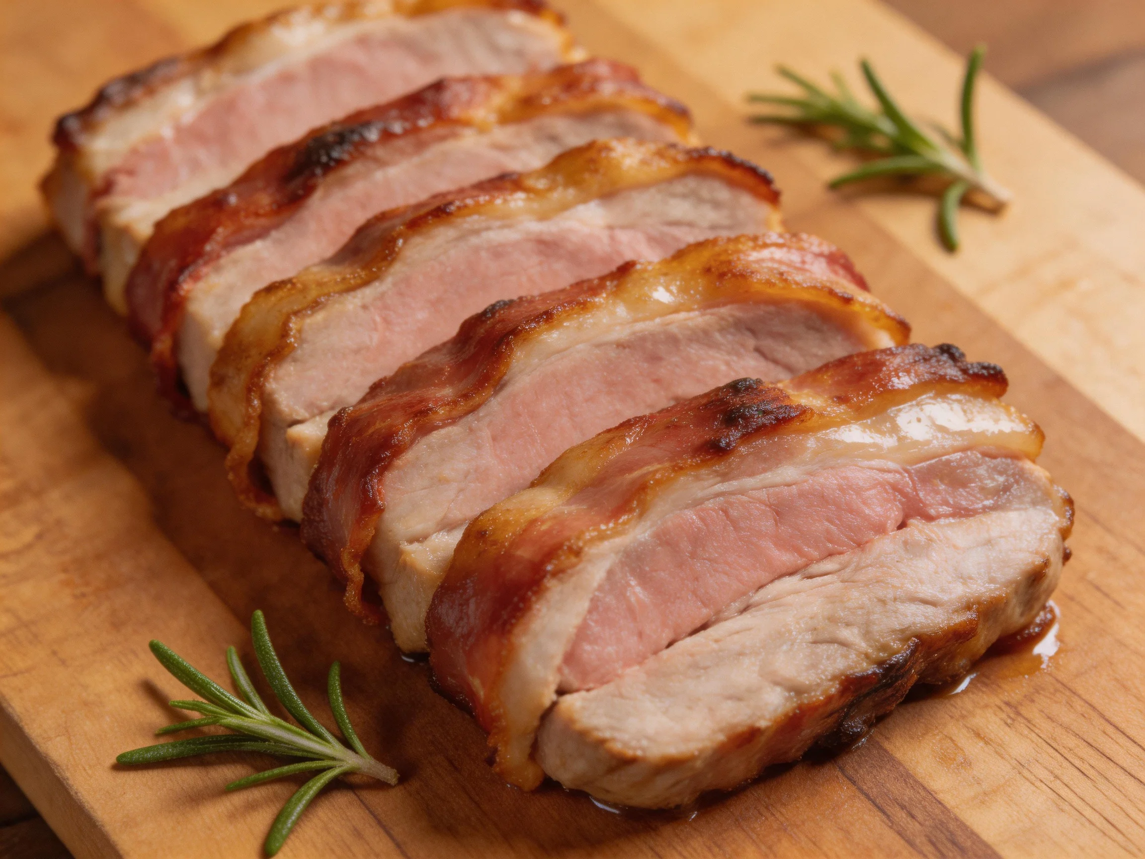 Bacon-wrapped pork slices displayed on a wooden cutting board with rosemary