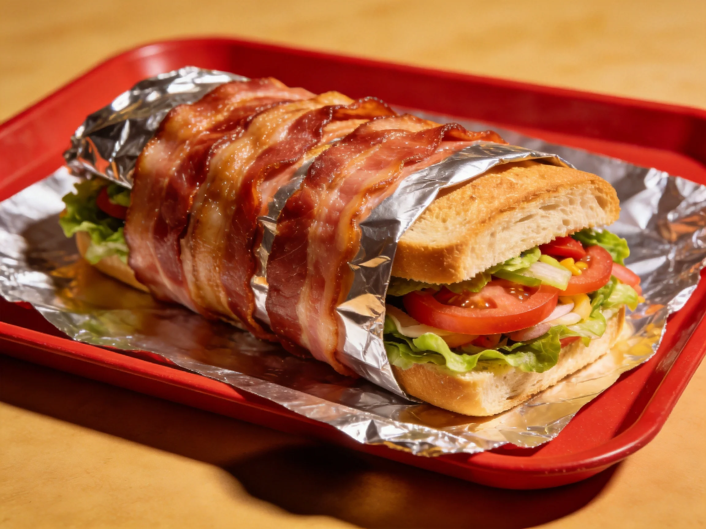Bacon-wrapped sandwich with fresh veggies on a red tray