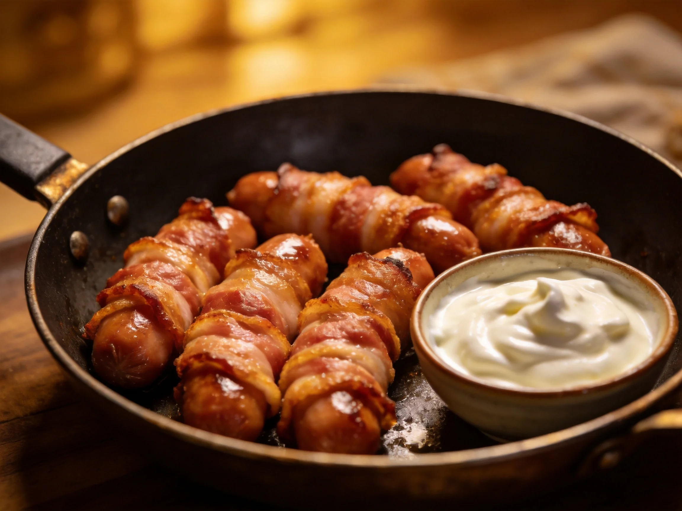 Bacon-wrapped sausages sizzling in a dark skillet with creamy dip