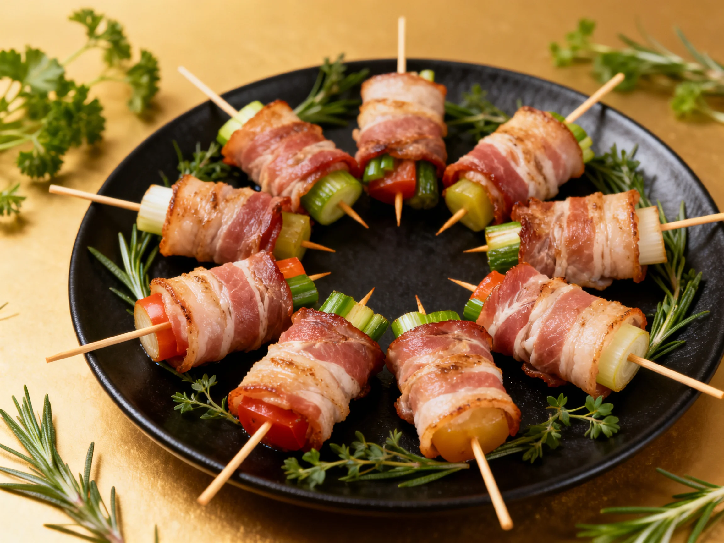 Bacon-wrapped vegetable skewers arranged on a black plate with fresh herbs