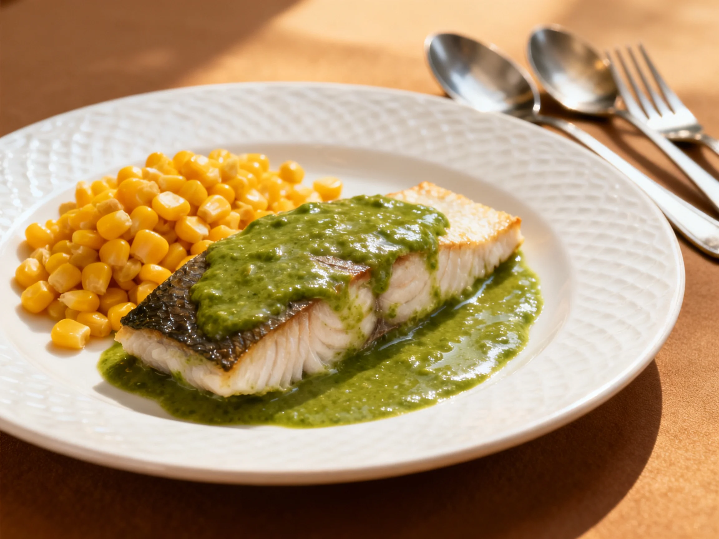 Baked fish fillet with green sauce and corn on white plate