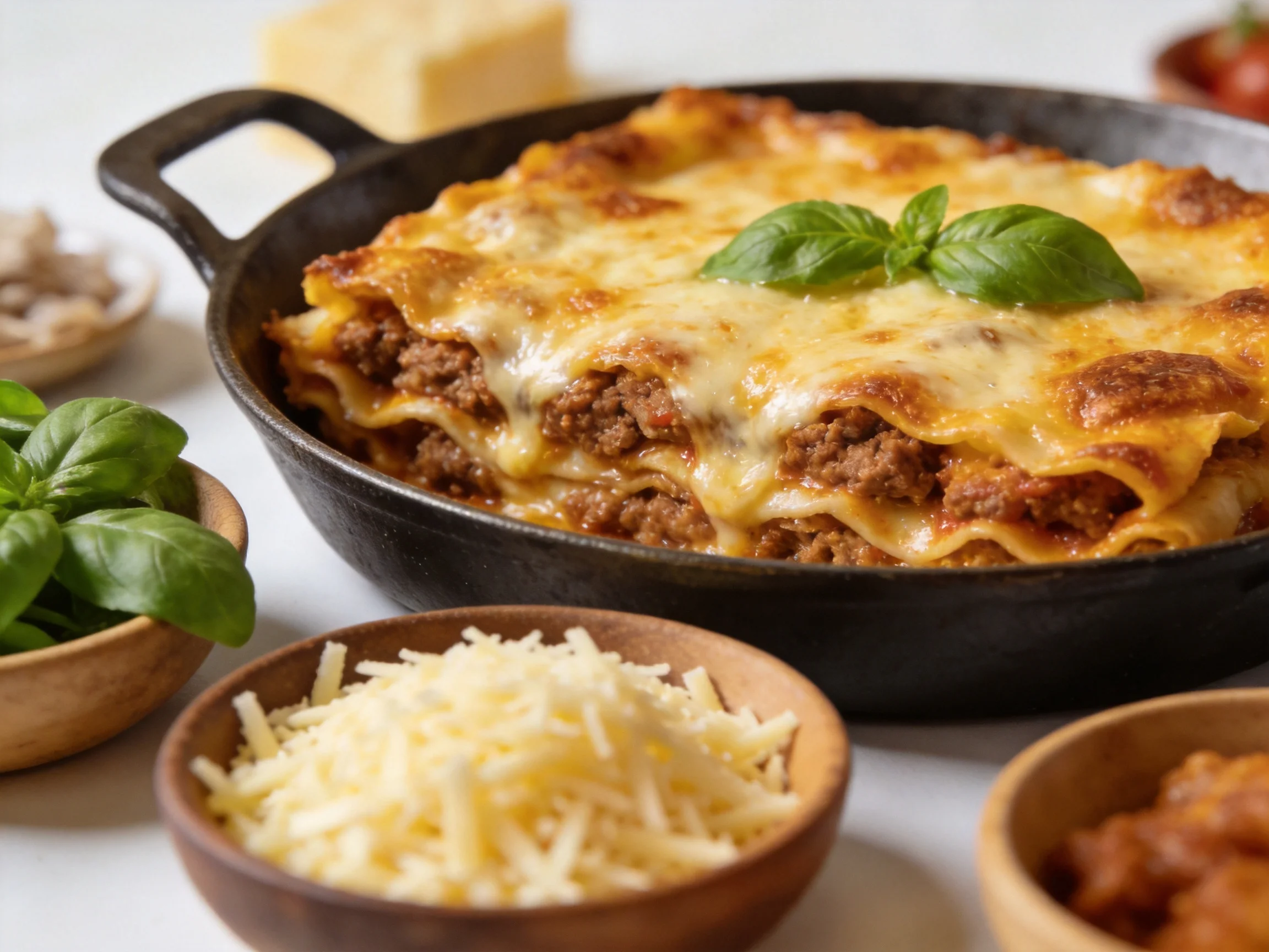 Baked lasagna with melted cheese and fresh basil in cast iron skillet