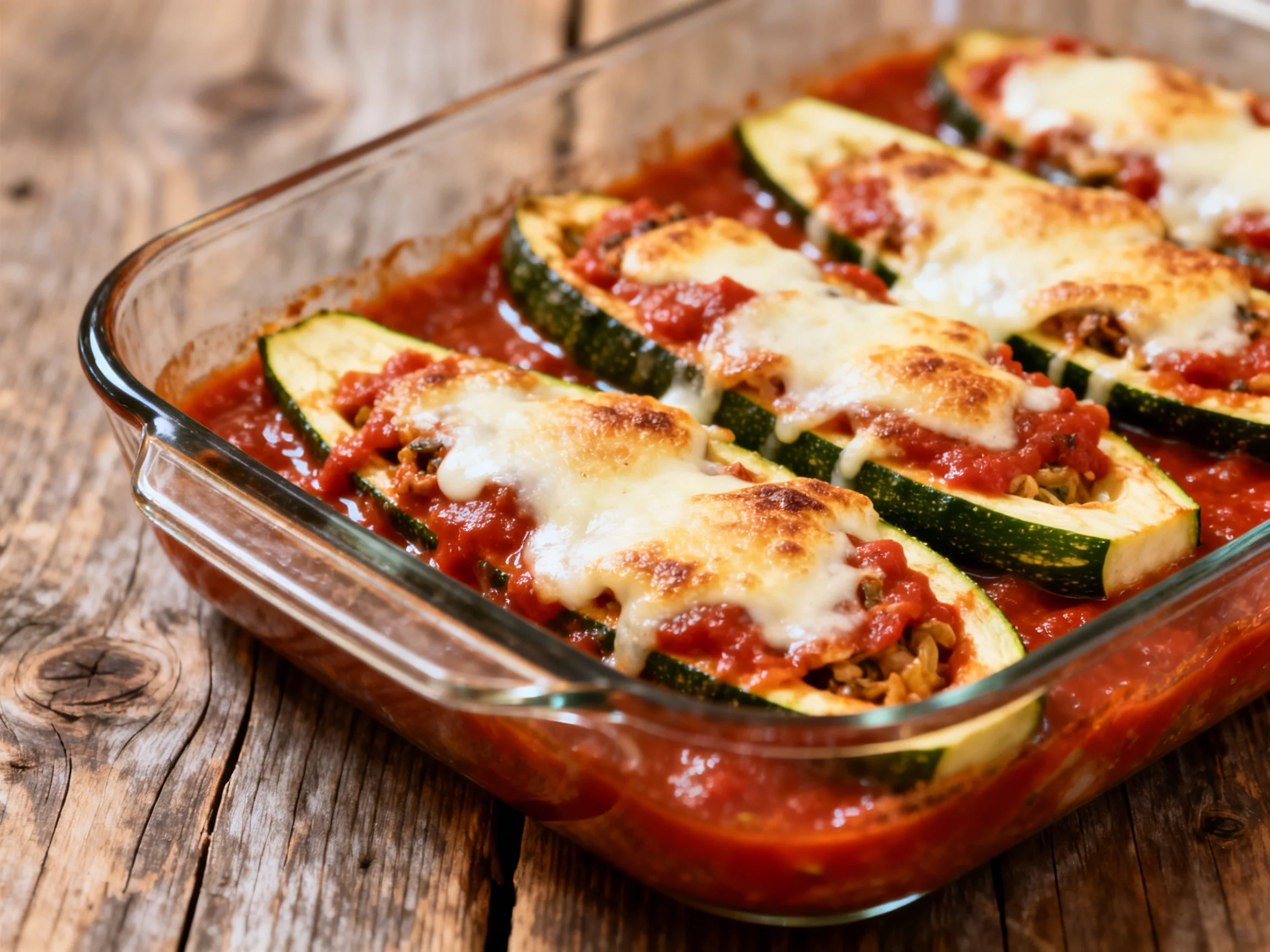 Baked stuffed zucchini boats with tomato sauce and melted cheese