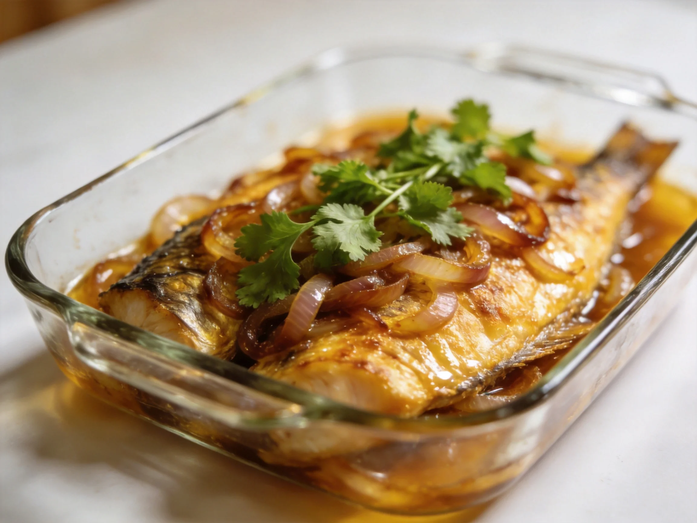 Baked whole fish with caramelized onions and fresh cilantro