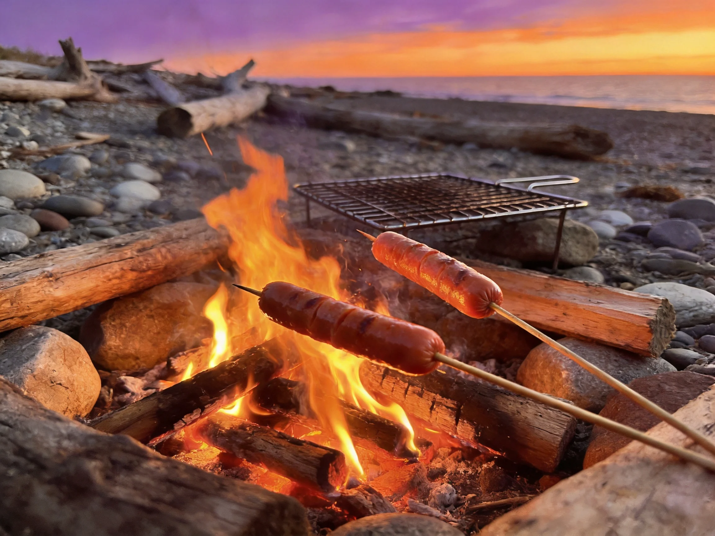 Beach bonfire roasting two sausages near driftwood at sunset