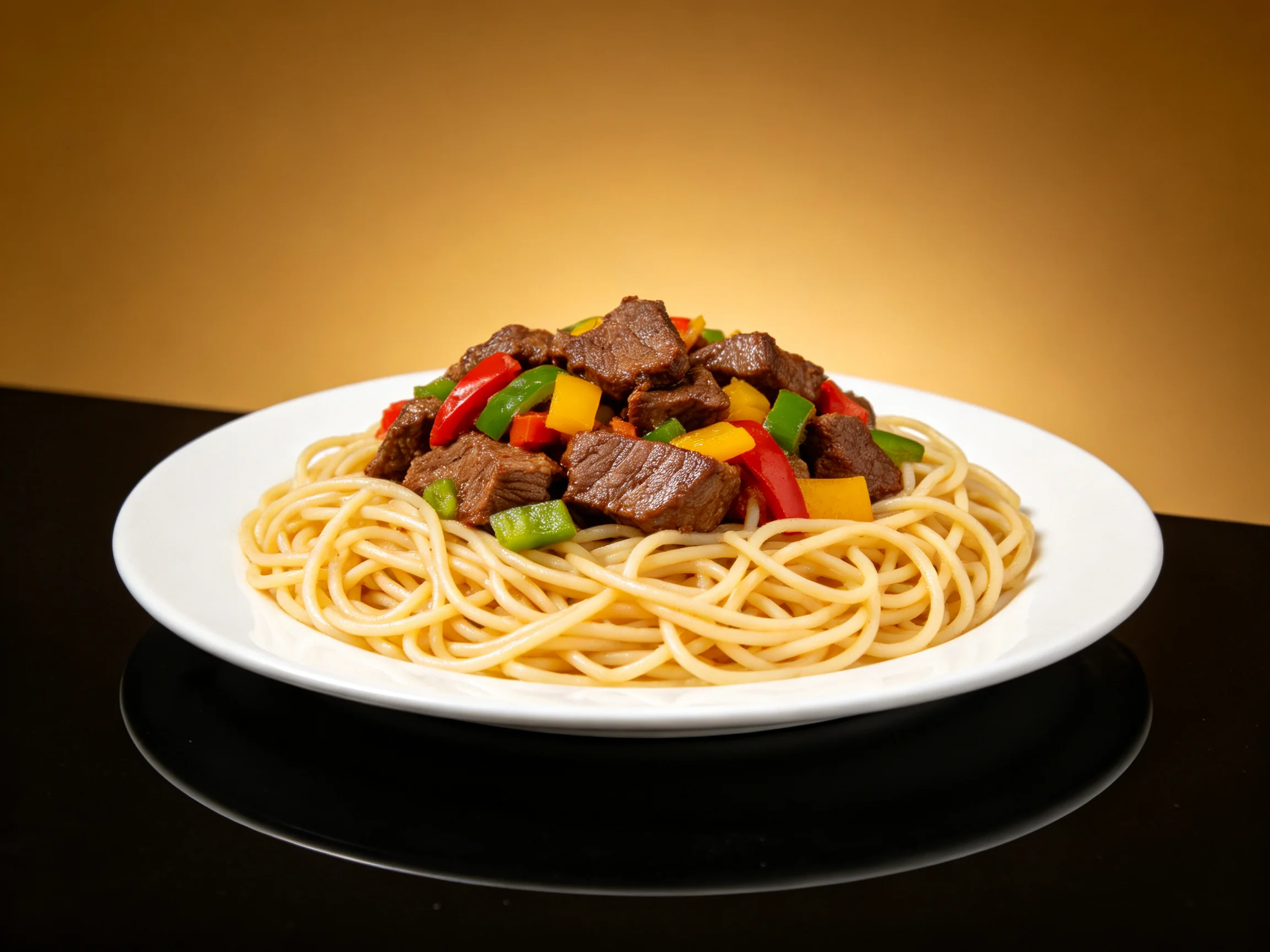 Beef and colorful vegetable stir - fry atop a bed of spaghetti