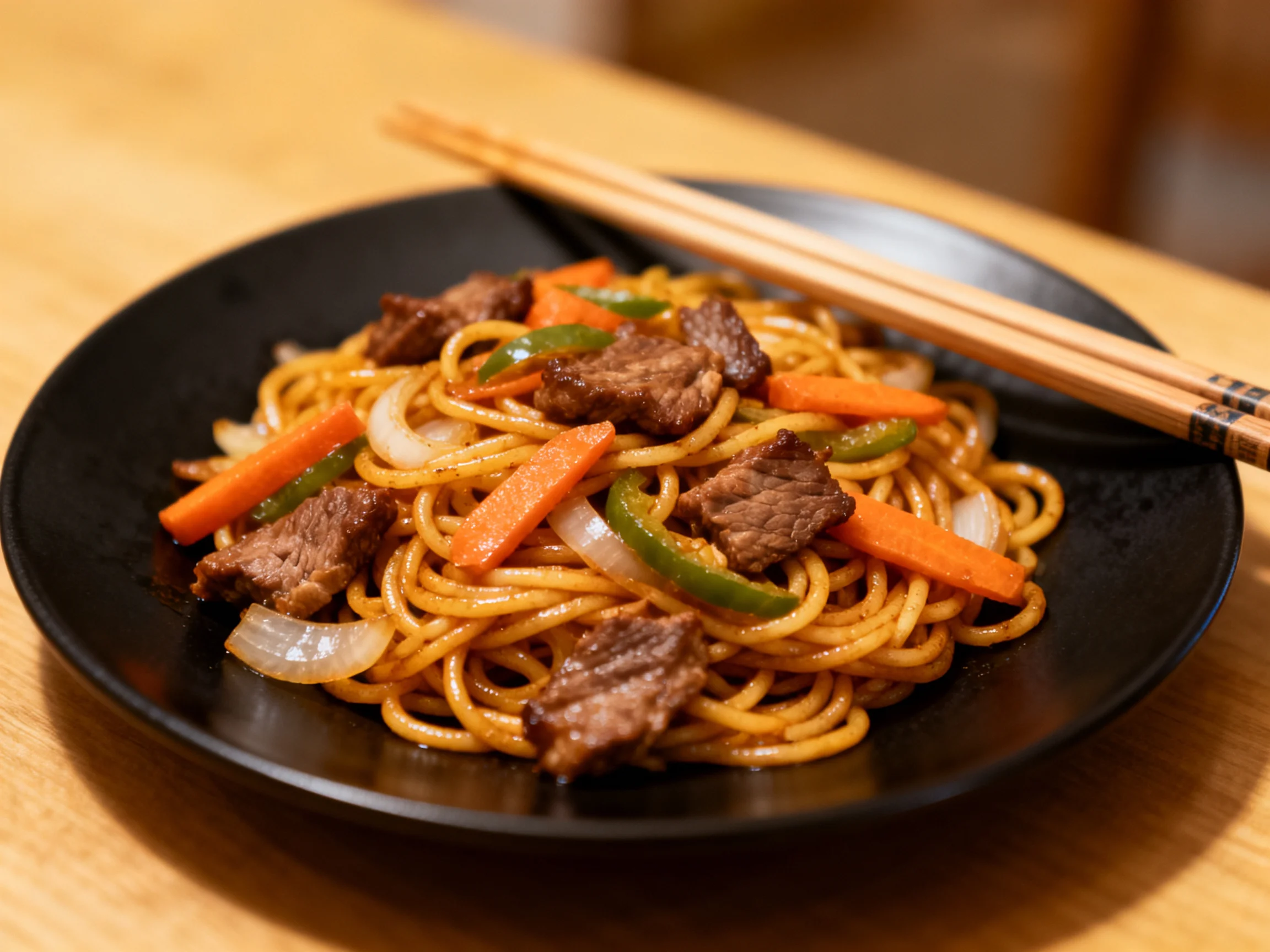 Beef and vegetable lo mein on a black plate with chopsticks