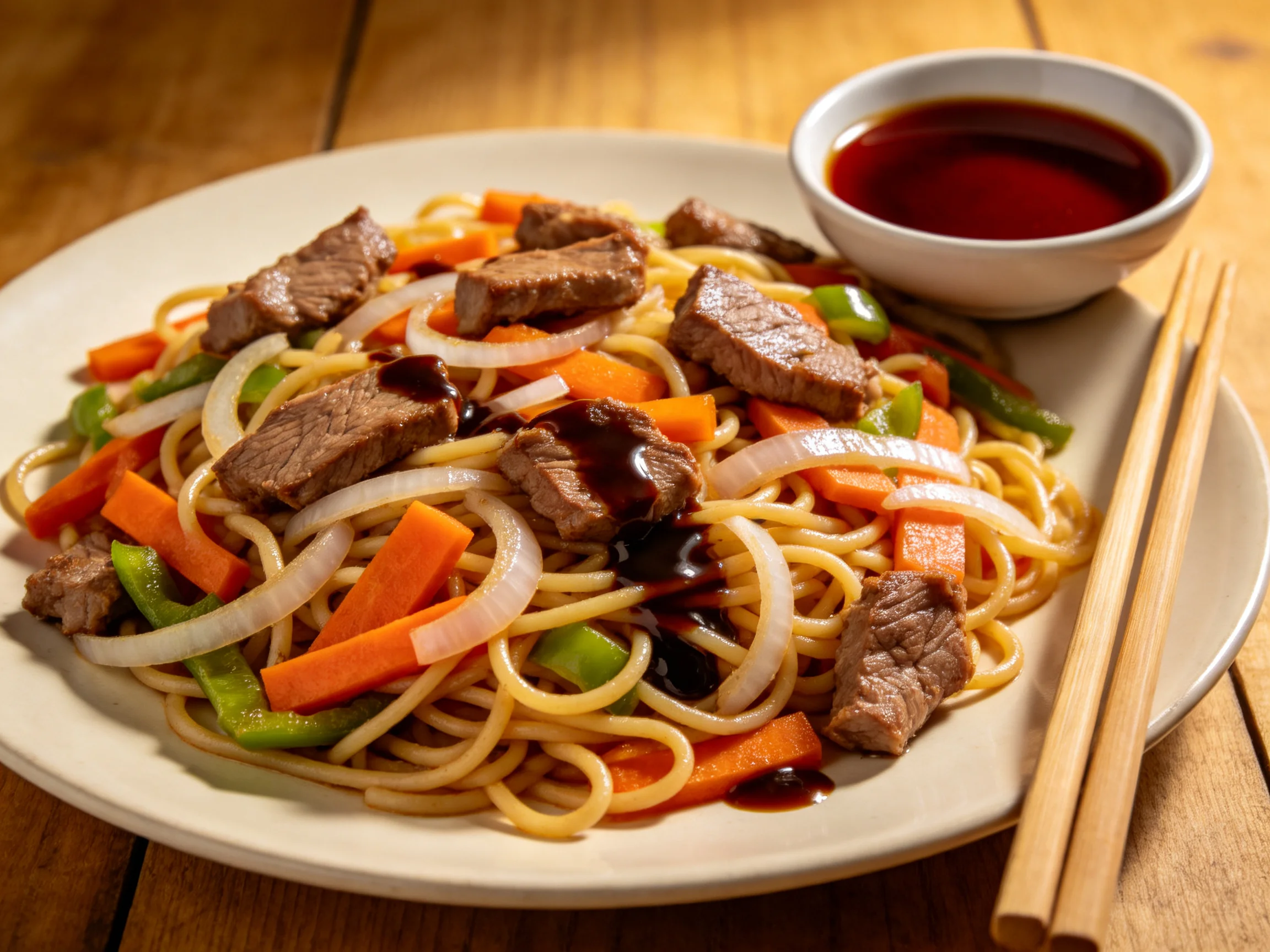 Beef and vegetable lo mein with soy sauce and chopsticks