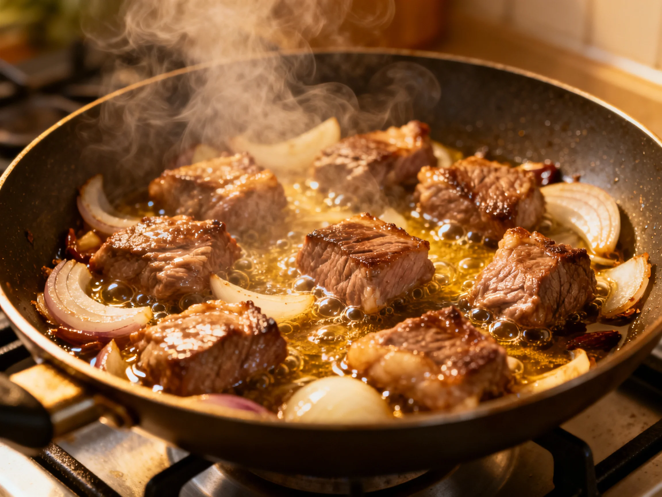 Beef chunks and onions cook in a frying pan with bubbling oil.