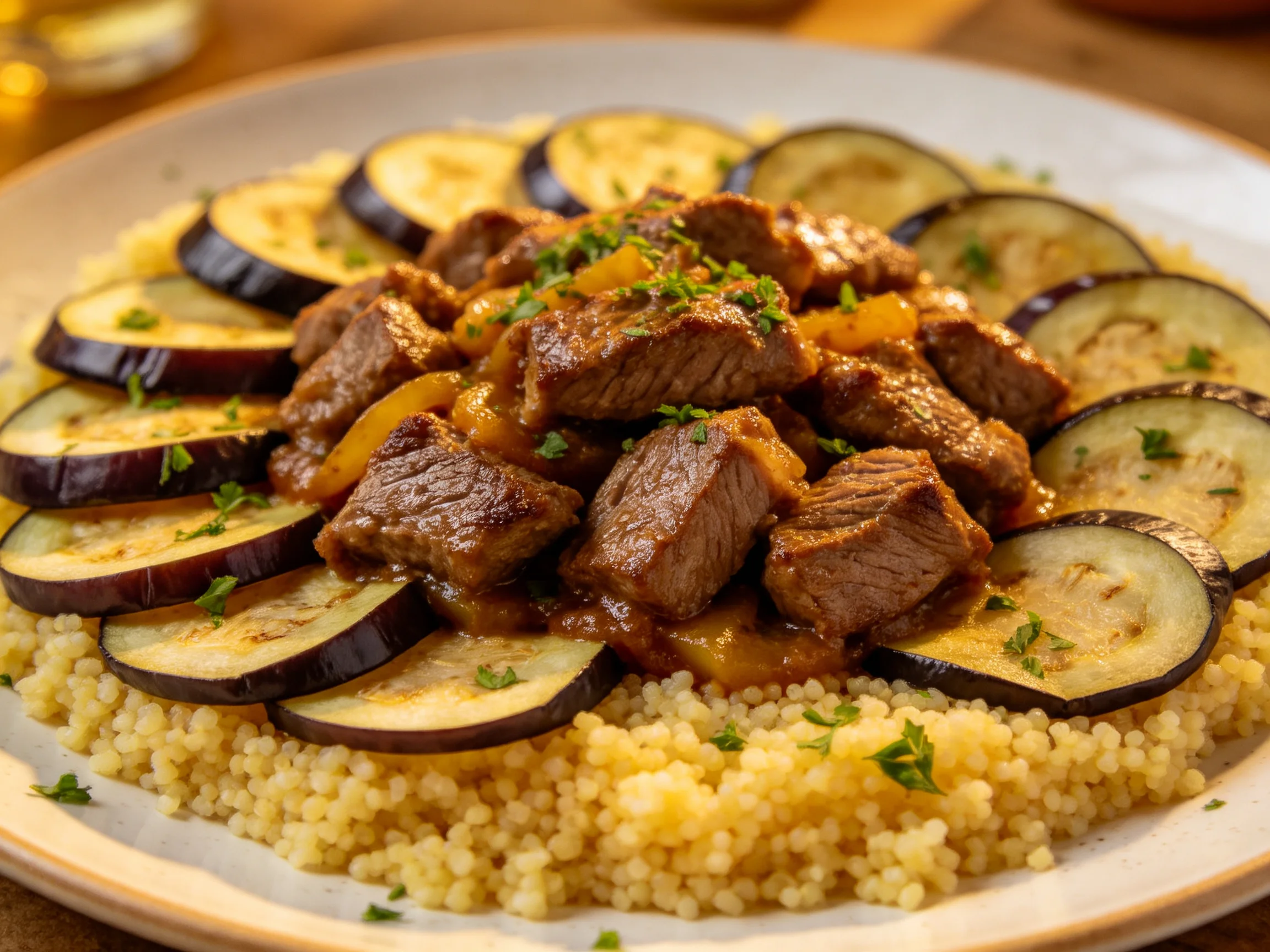 Beef stew with roasted eggplant slices served over fluffy couscous