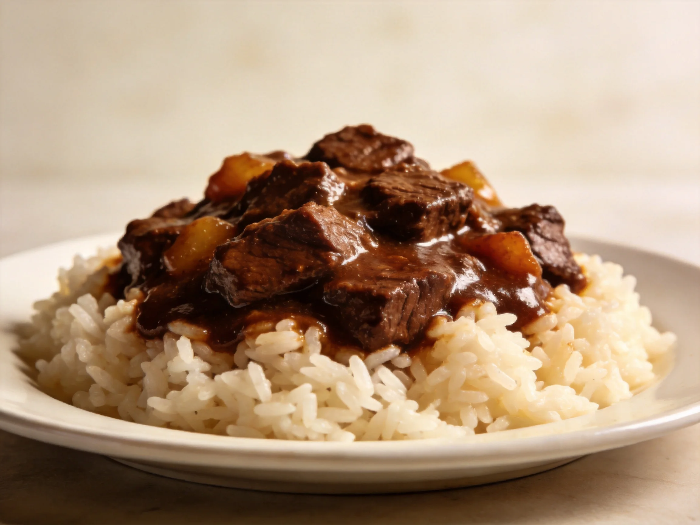 Beef stew with tender chunks atop fluffy white rice