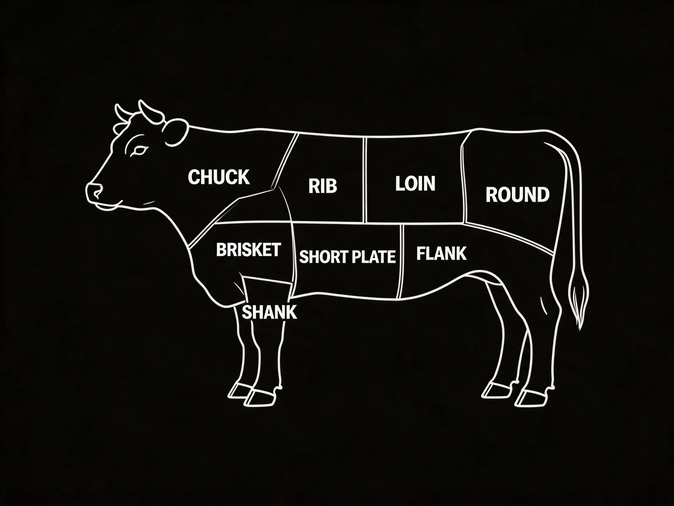 Black-and-white diagram of beef cuts labeled on a cow silhouette