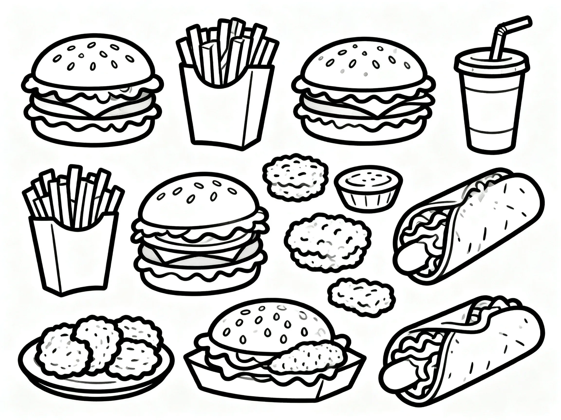 Black-and-white fast food illustrations featuring burgers, fries, tacos, and a drink