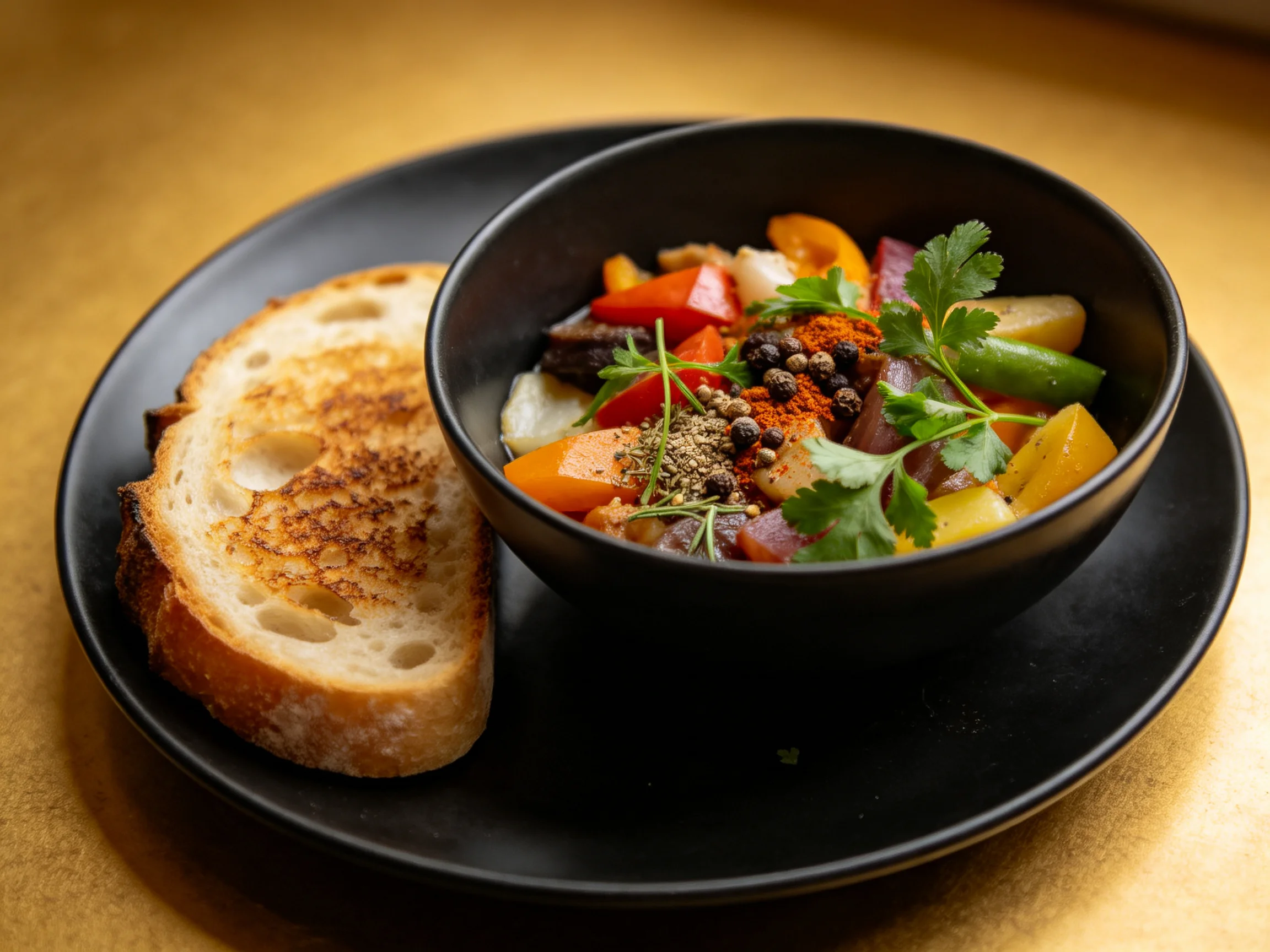 Black bowl of vibrant mixed vegetables next to toasted bread