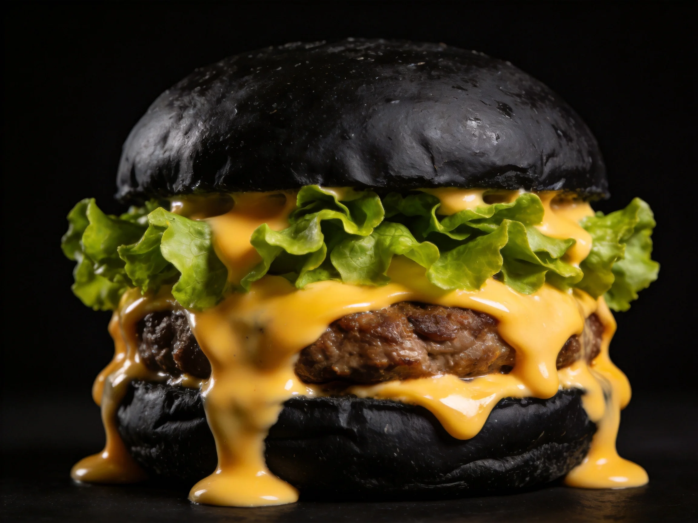 Black bun cheeseburger with melted cheddar, crisp lettuce, and dual beef patties