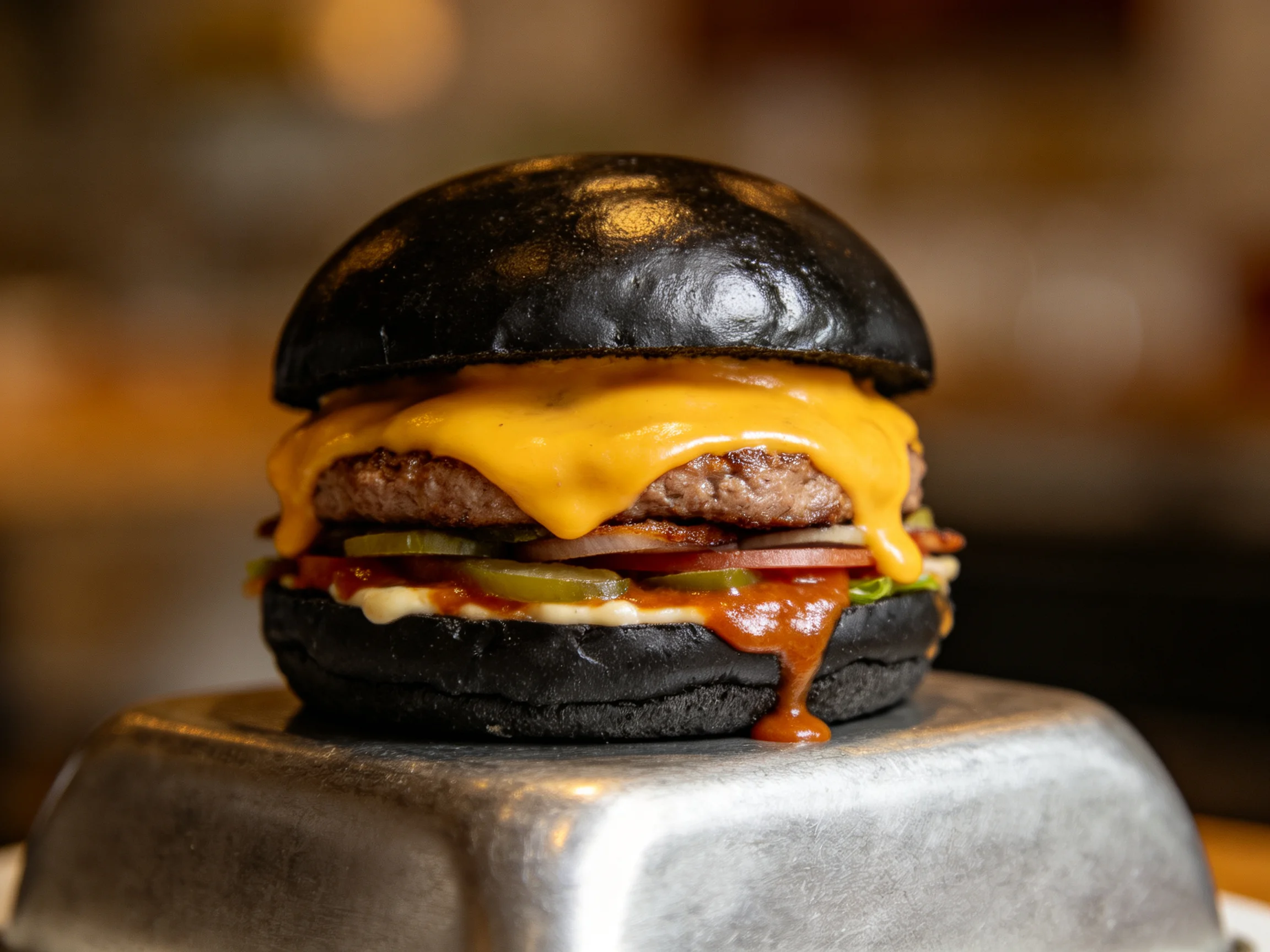 Black bun cheeseburger with melting cheddar and layered fillings