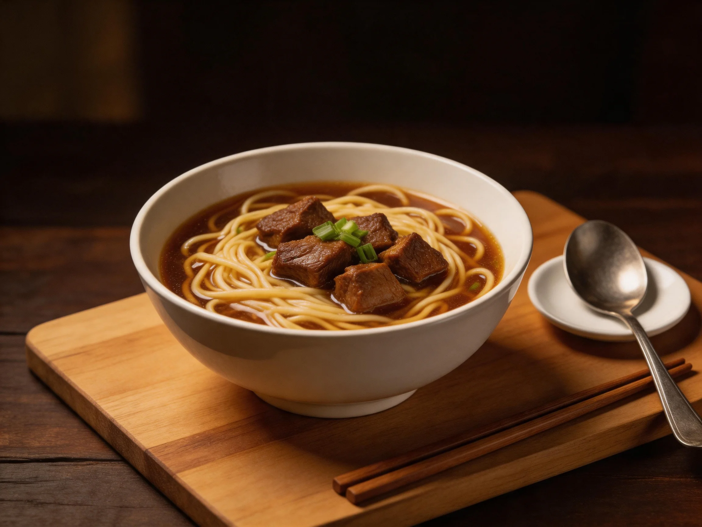 Bowl of Beef Noodle Soup with Rich Brown Broth on Wooden Board