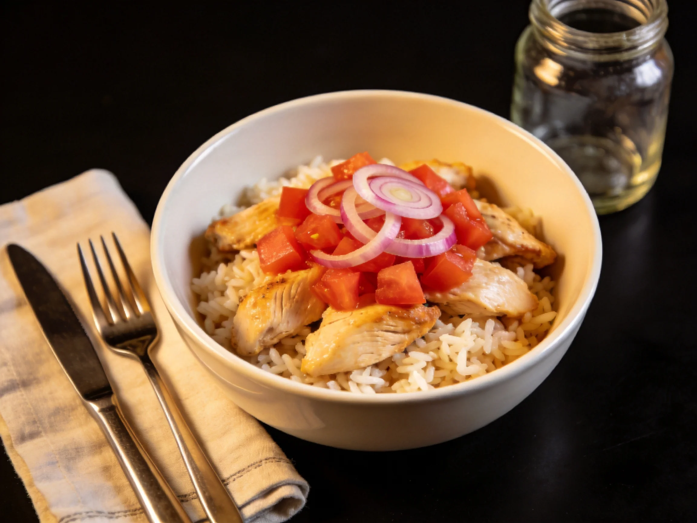 Bowl of chicken and rice topped with diced tomatoes and red onions