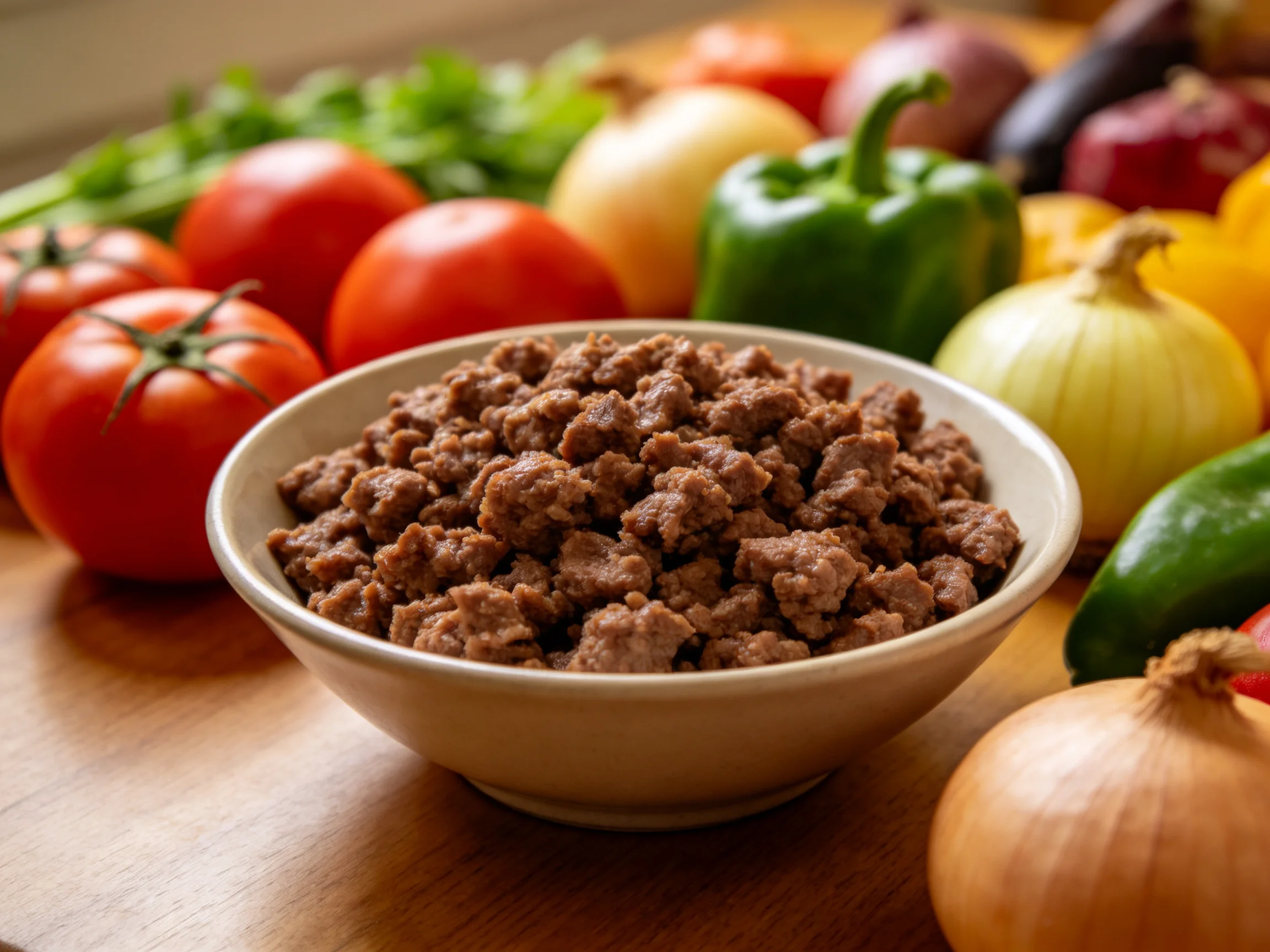 Bowl of cooked ground beef surrounded by vibrant fresh vegetables