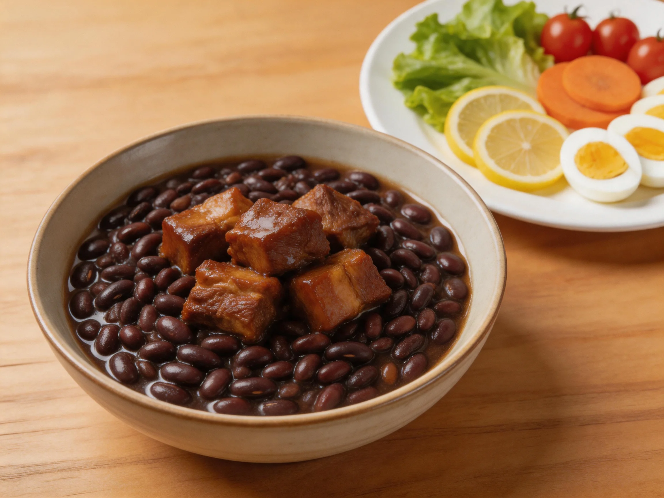 Bowl of dark bean pork stew with fresh veggie plate