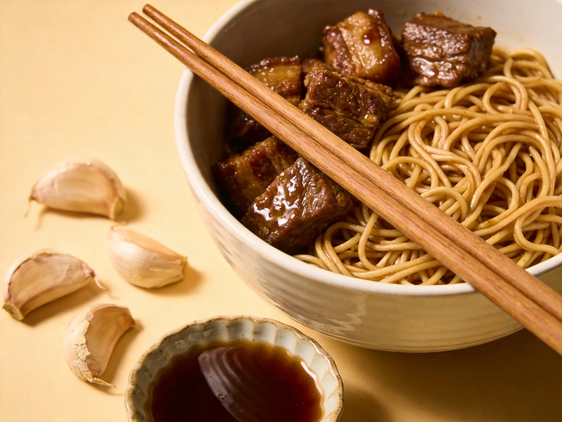 Bowl of noodles with braised meat, garlic cloves, and soy sauce