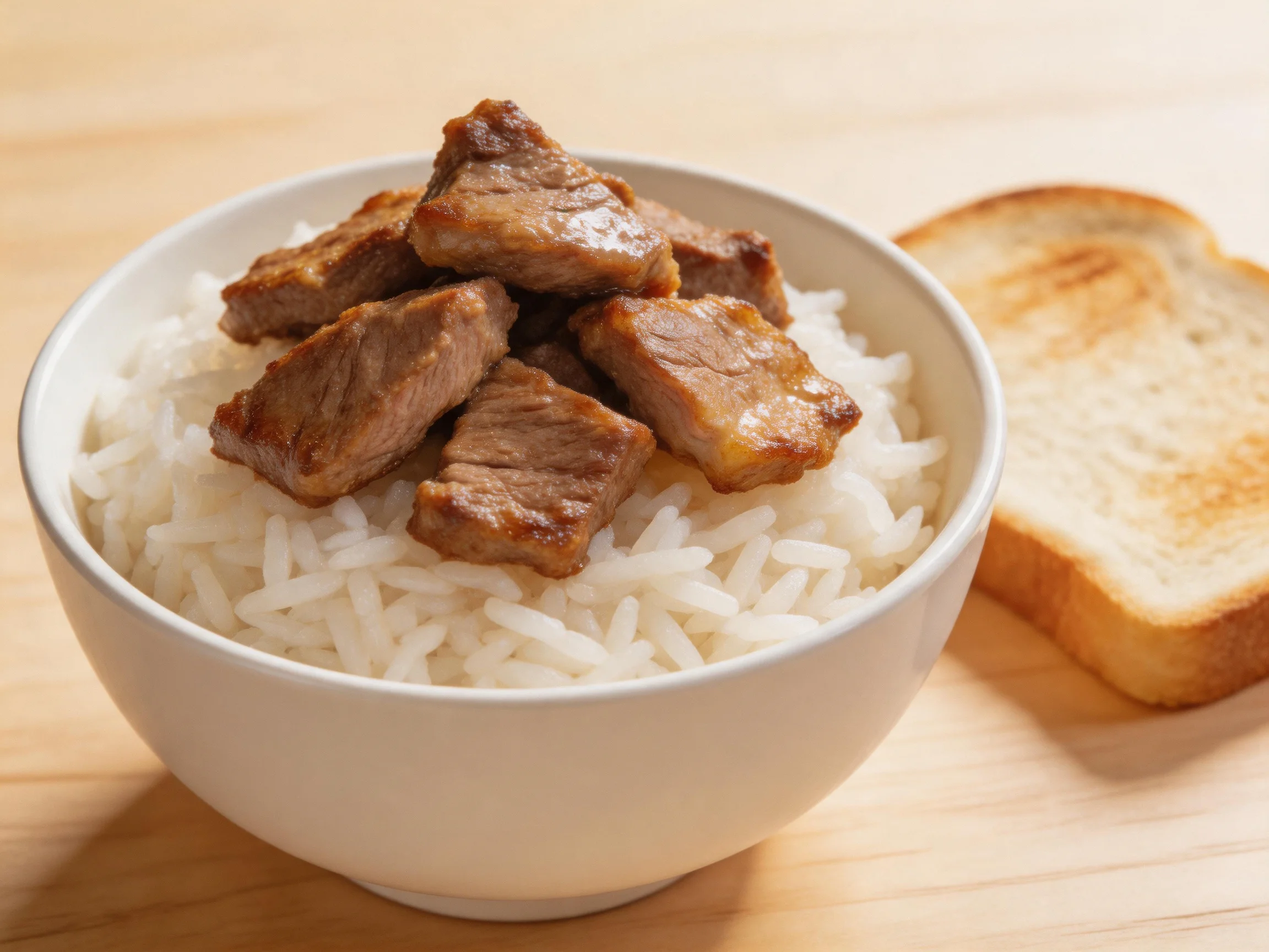Bowl of white rice with brown meat chunks beside toasted bread