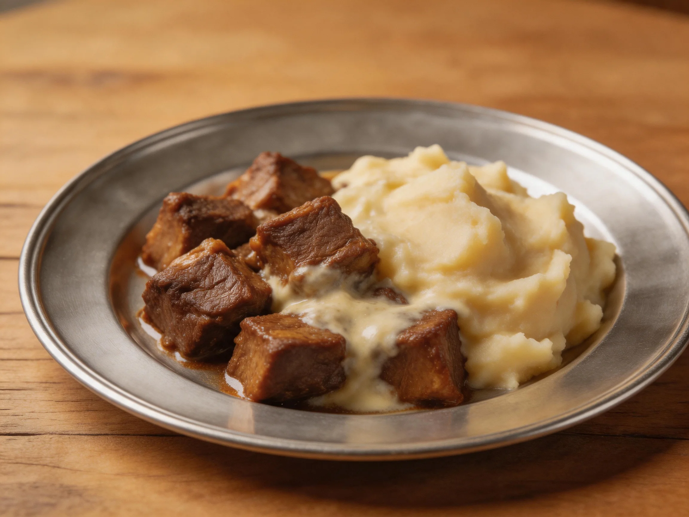 Braised Beef Cubes with Creamy Mashed Potatoes on a Metallic Plate