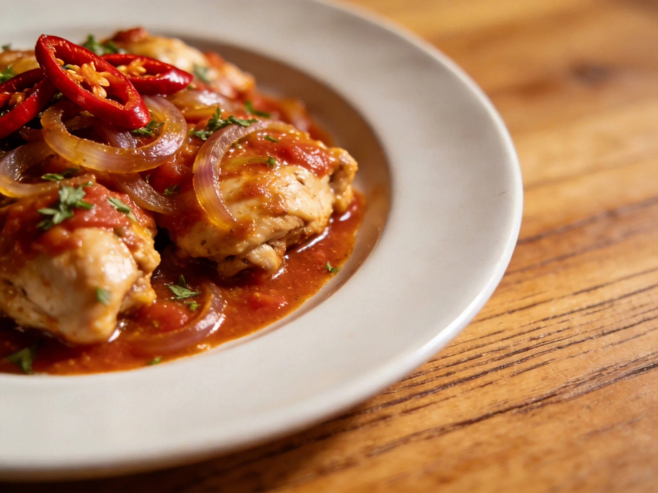 Braised chicken thighs in tomato sauce with caramelized onions and red chilies