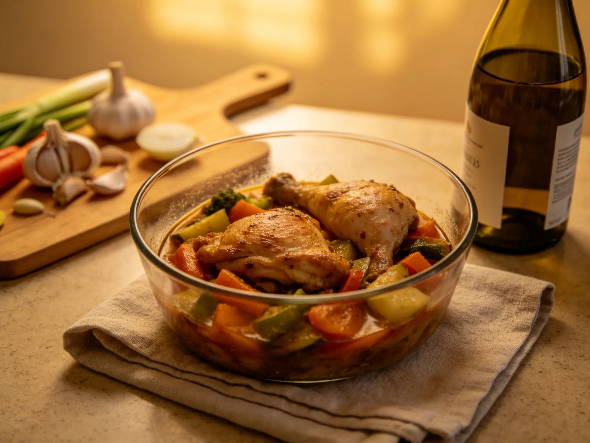 Braised chicken thighs with colorful veggies in a glass dish near wine