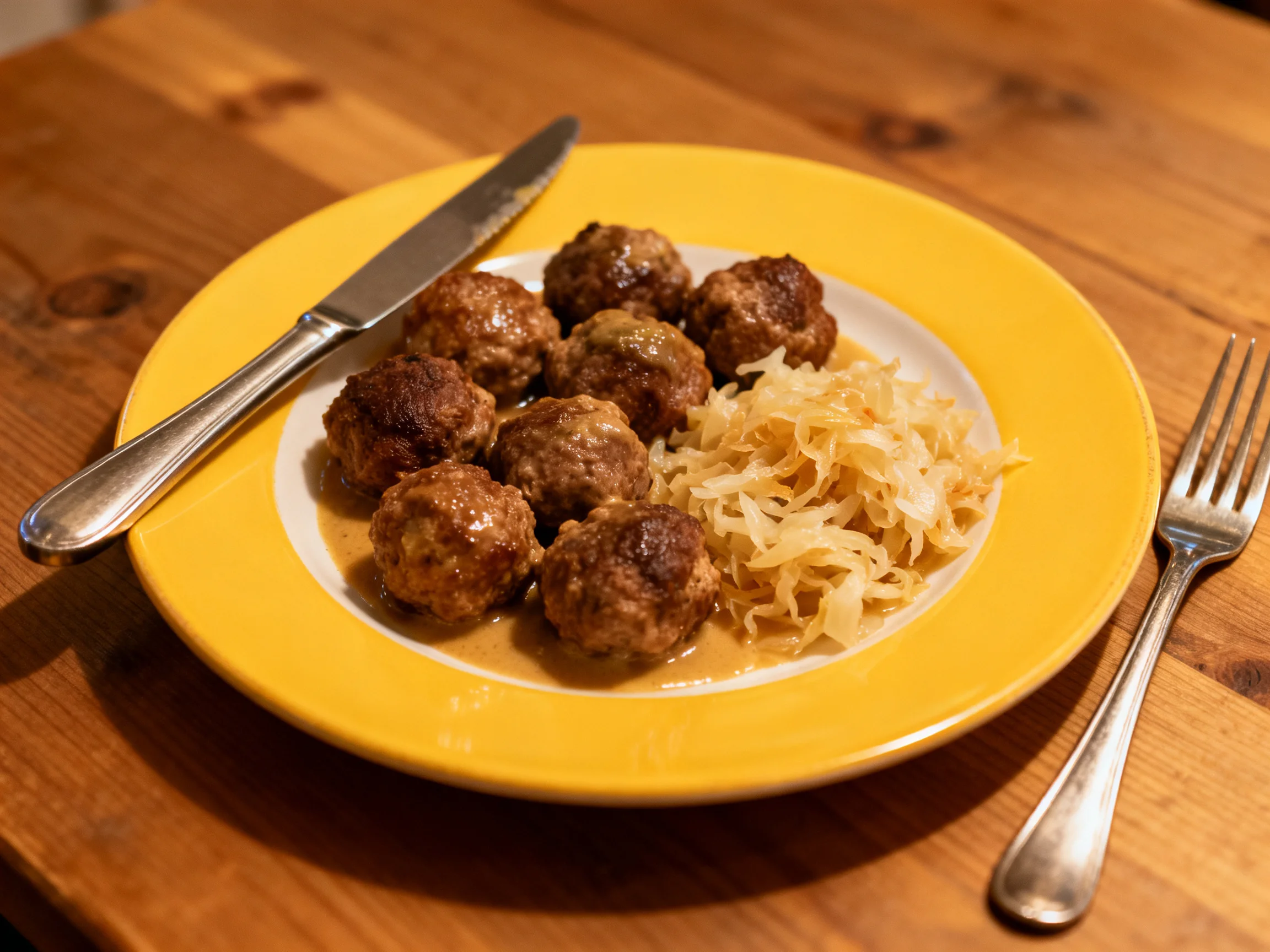 Bright yellow plate with meatballs, sauerkraut, and silverware on wooden table