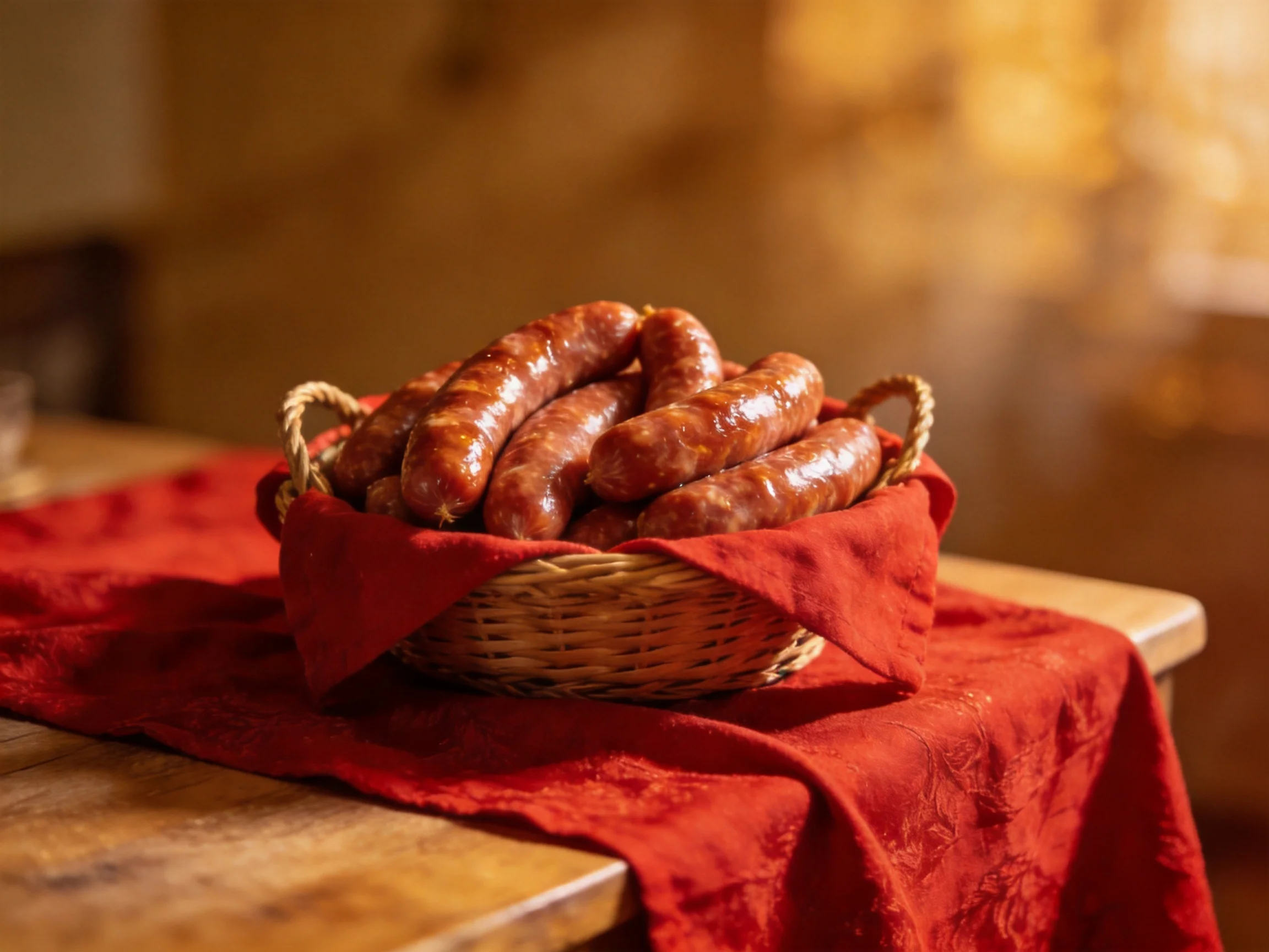 Brown sausages in a wicker basket with red cloth lining