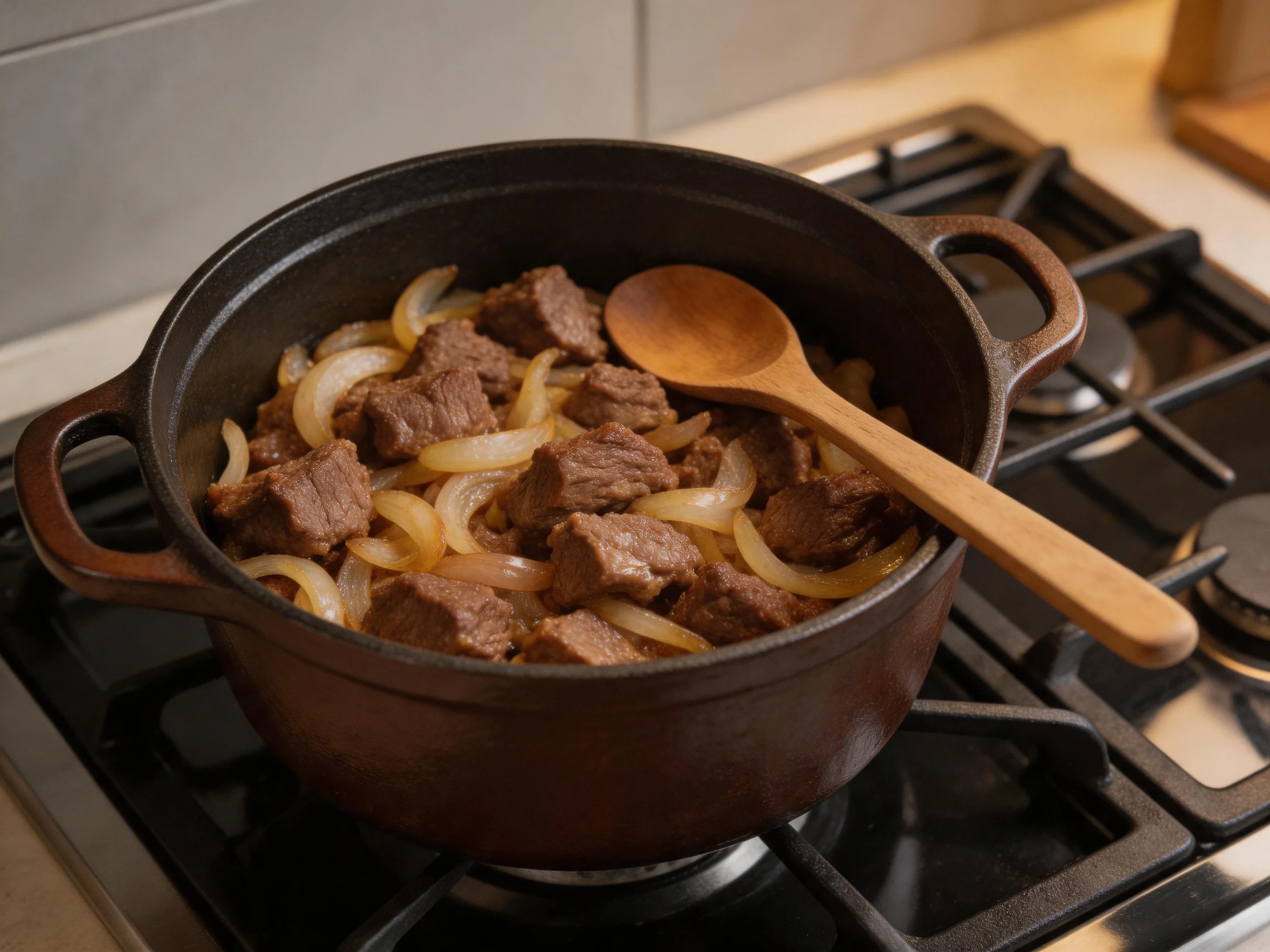 Browned beef and caramelized onions in a cast iron pot on a gas stove