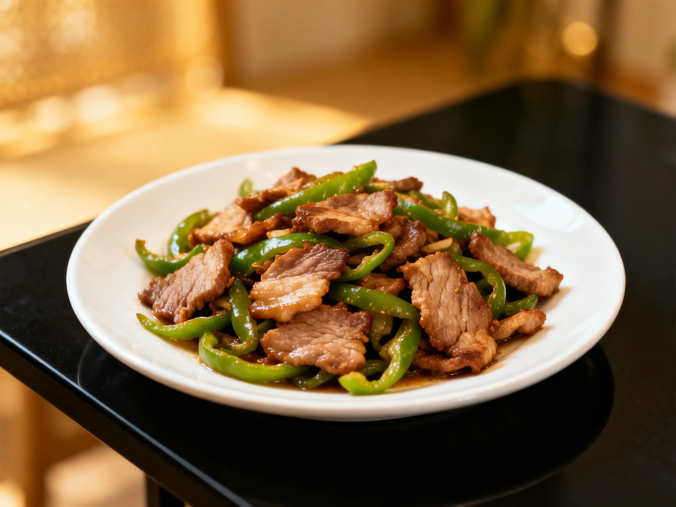 Browned pork slices with vibrant green peppers stir - fried on white plate