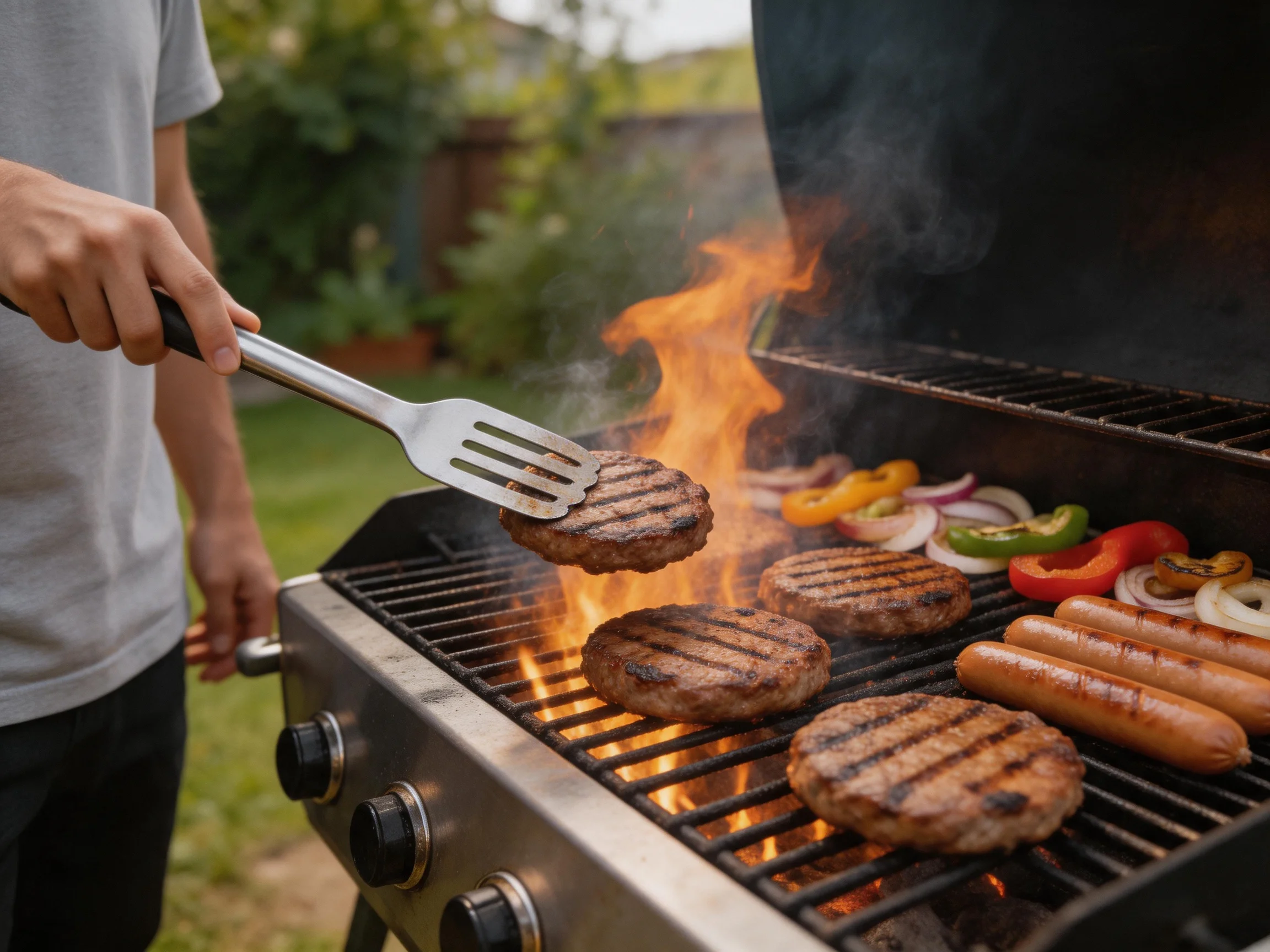 Burger patties and hot dogs barbecue over bright flames on an outdoor grill