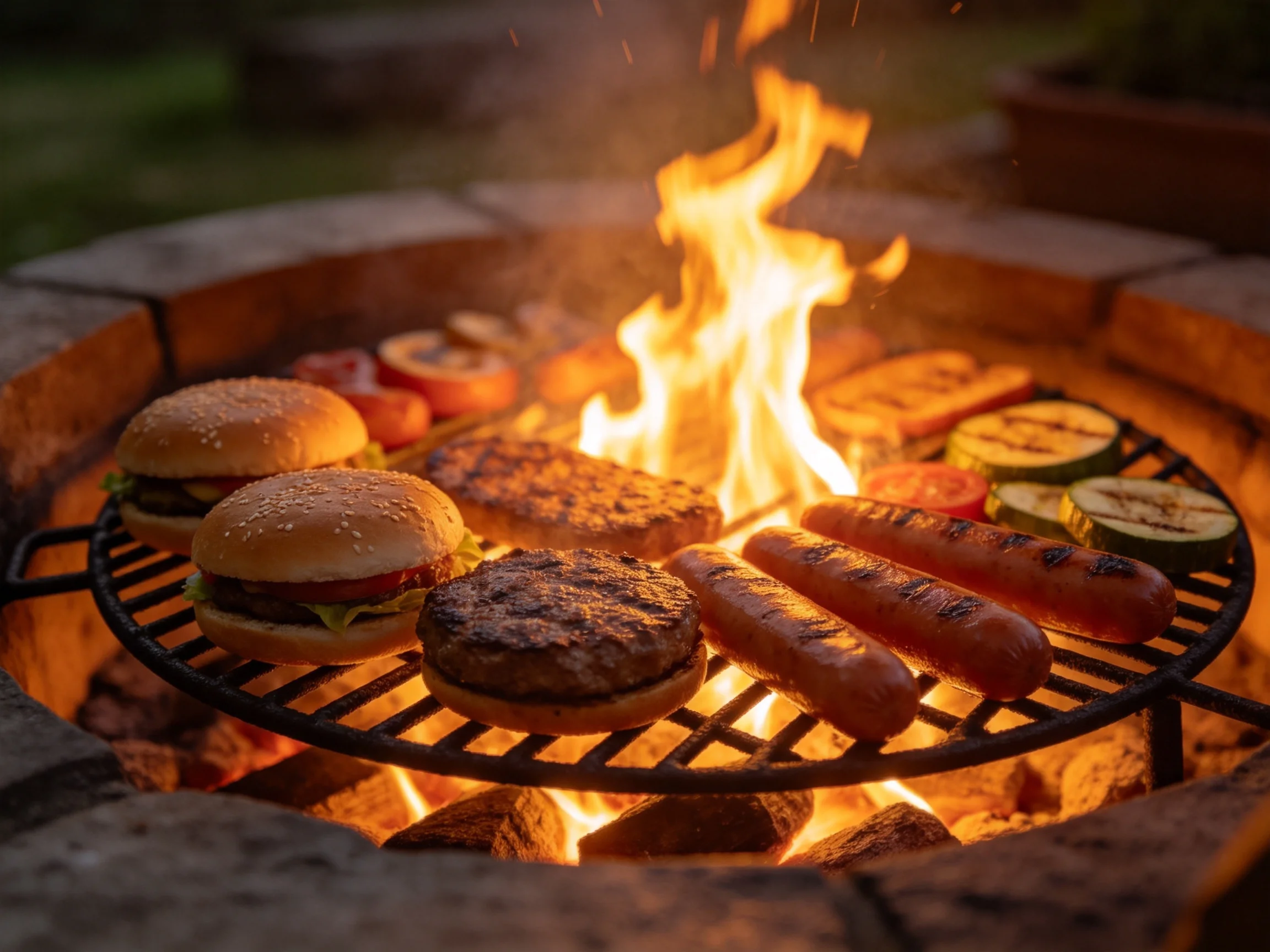 Burgers, hot dogs, and grilled veggies cook over a flaming fire pit grill