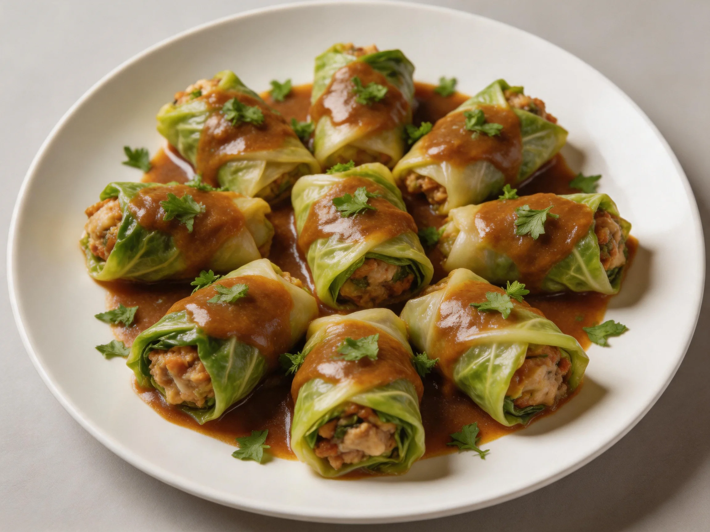 Cabbage rolls drizzled with rich brown sauce and garnished with parsley