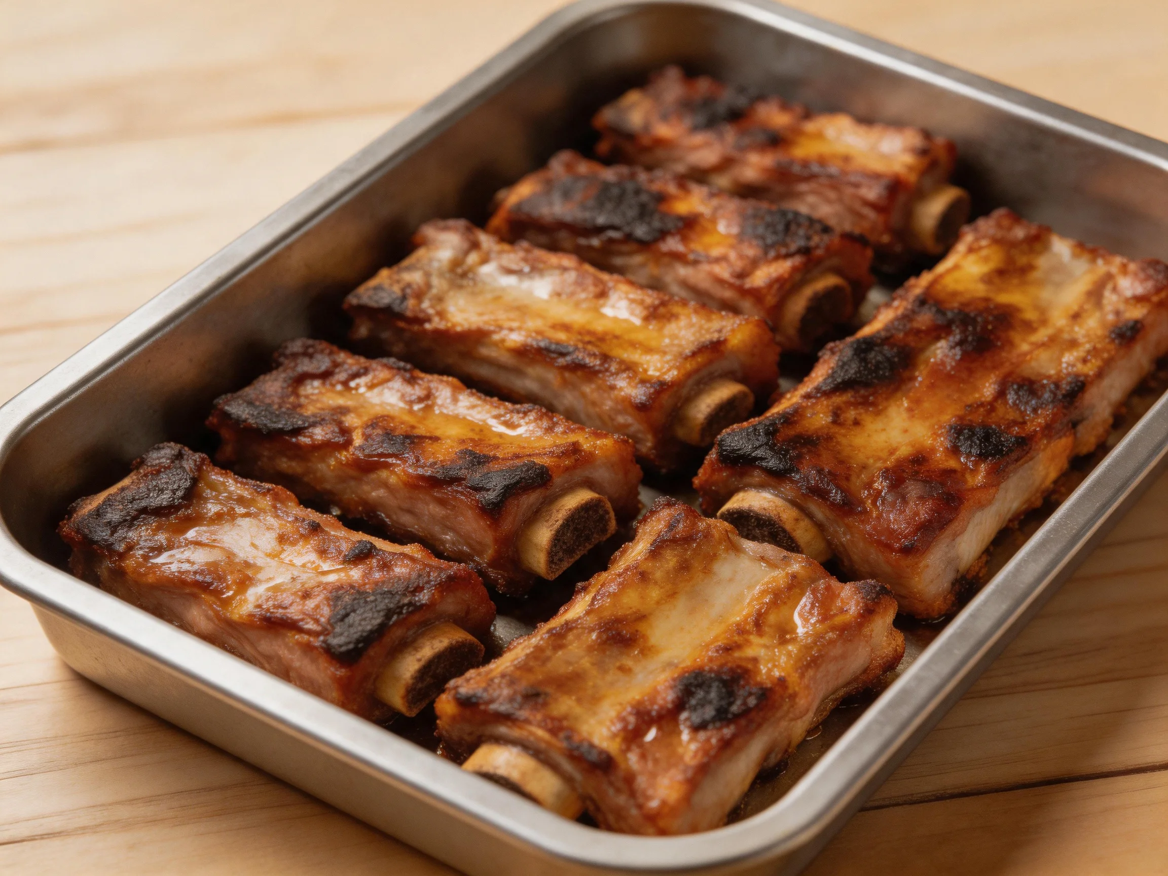 Caramelized and charred roasted pork ribs in a metal tray