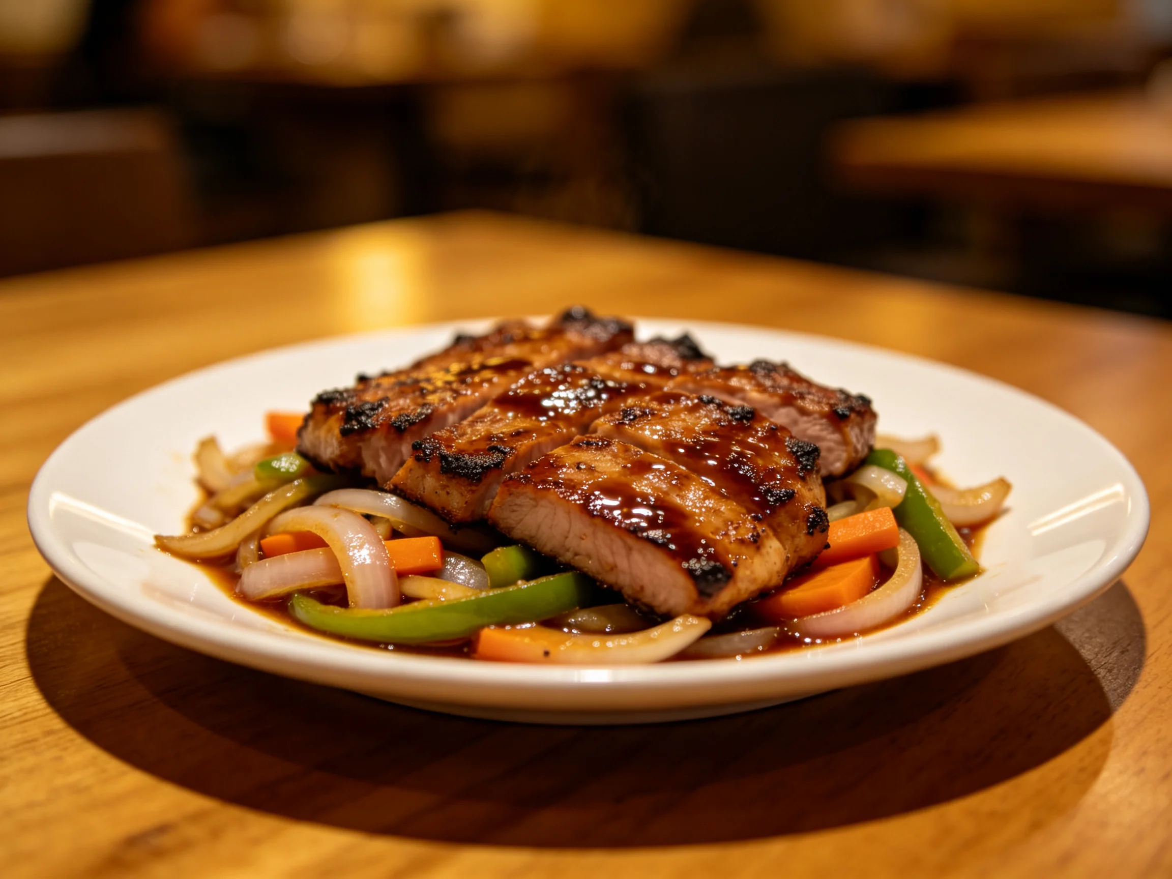 Caramelized grilled pork chop with colorful stir - fry veggies on a white plate