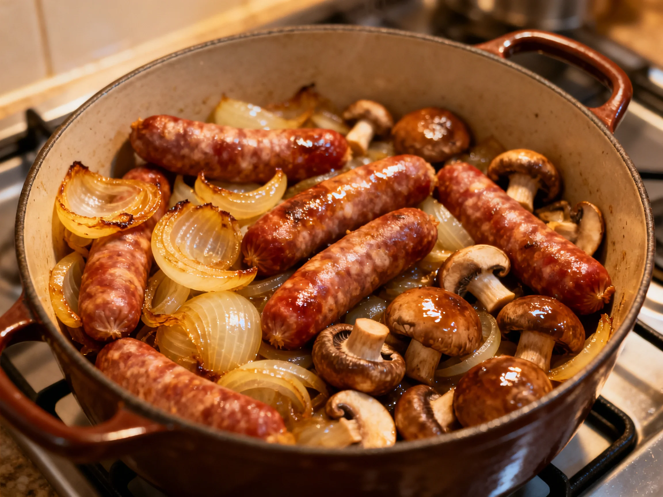 Caramelized onions, mushrooms, and sausages sizzle in a cast iron skillet