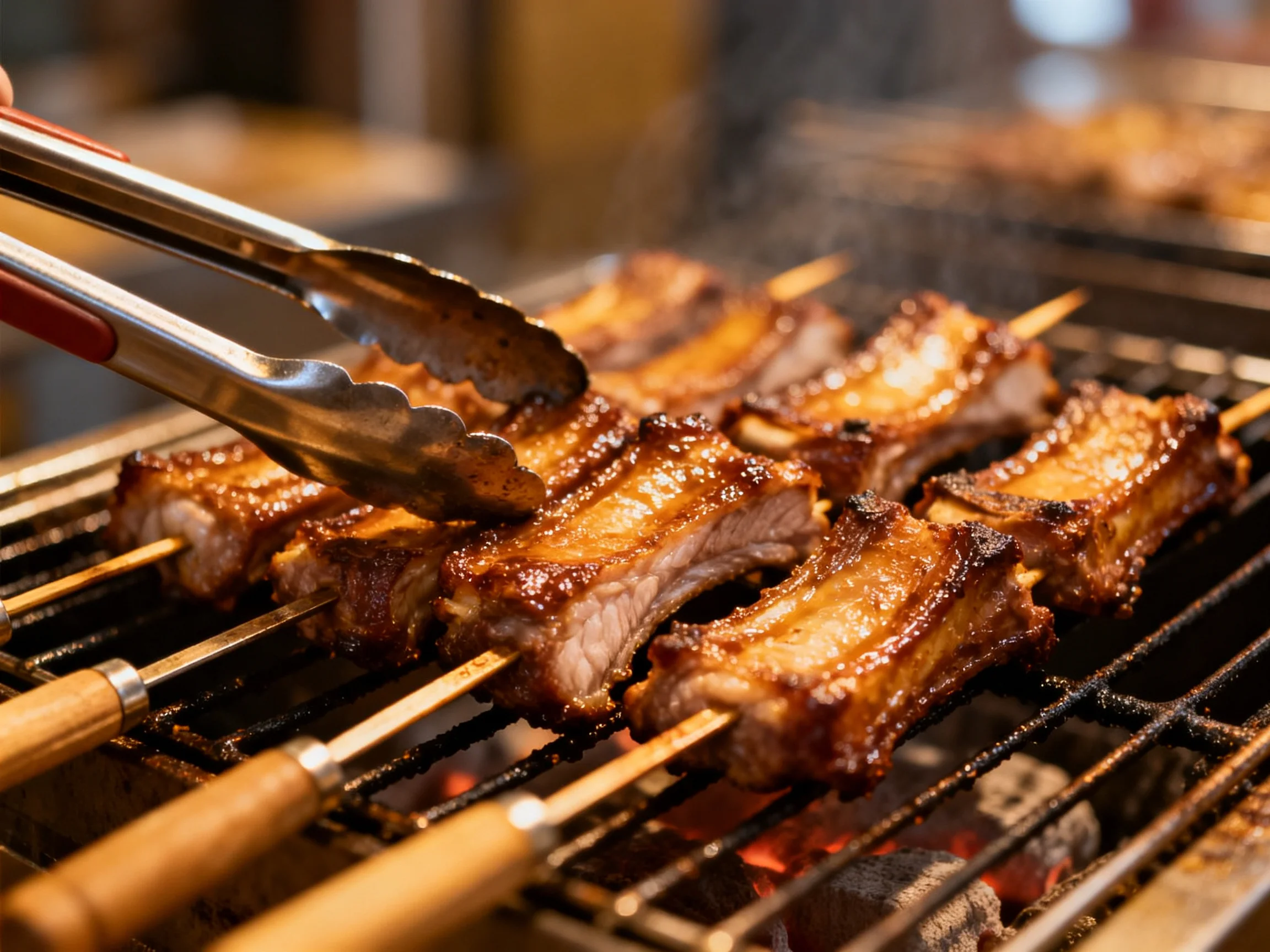 Caramelized pork ribs grilled on skewers over hot coals