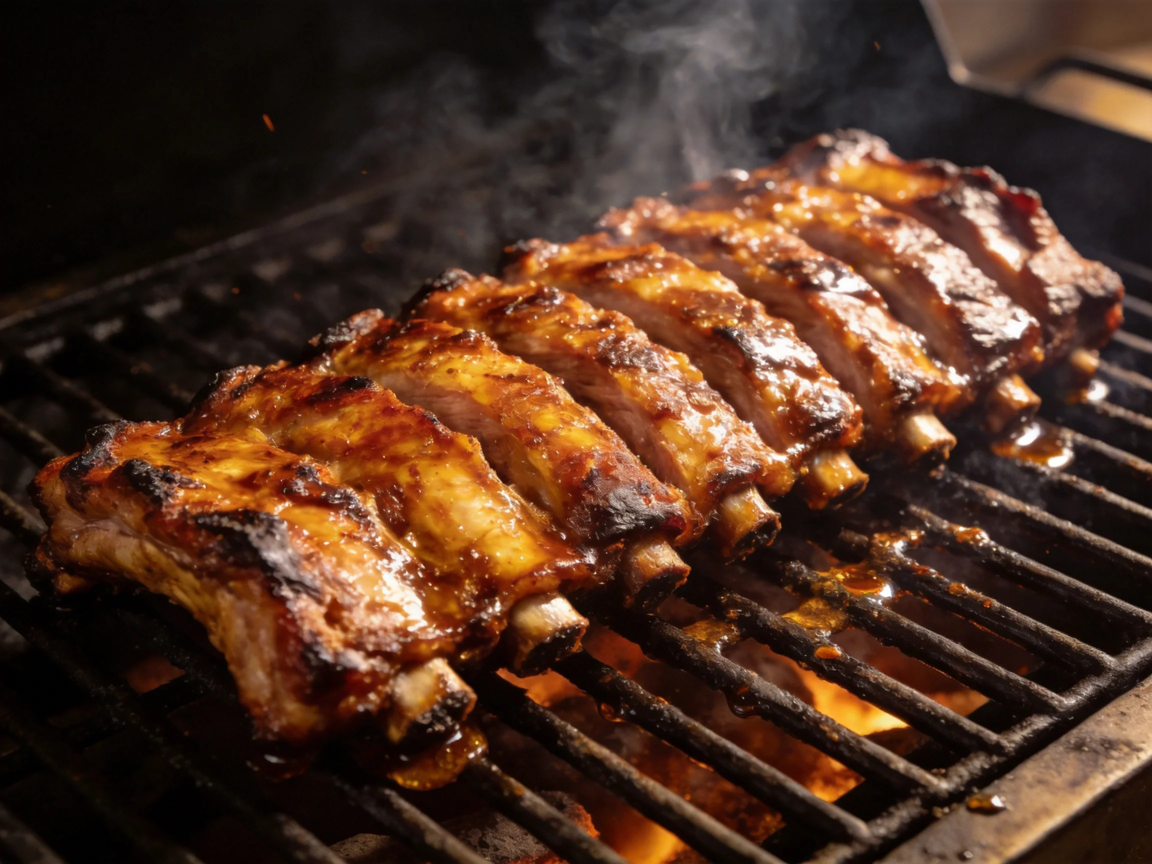Caramelized pork ribs grilling over flaming coals