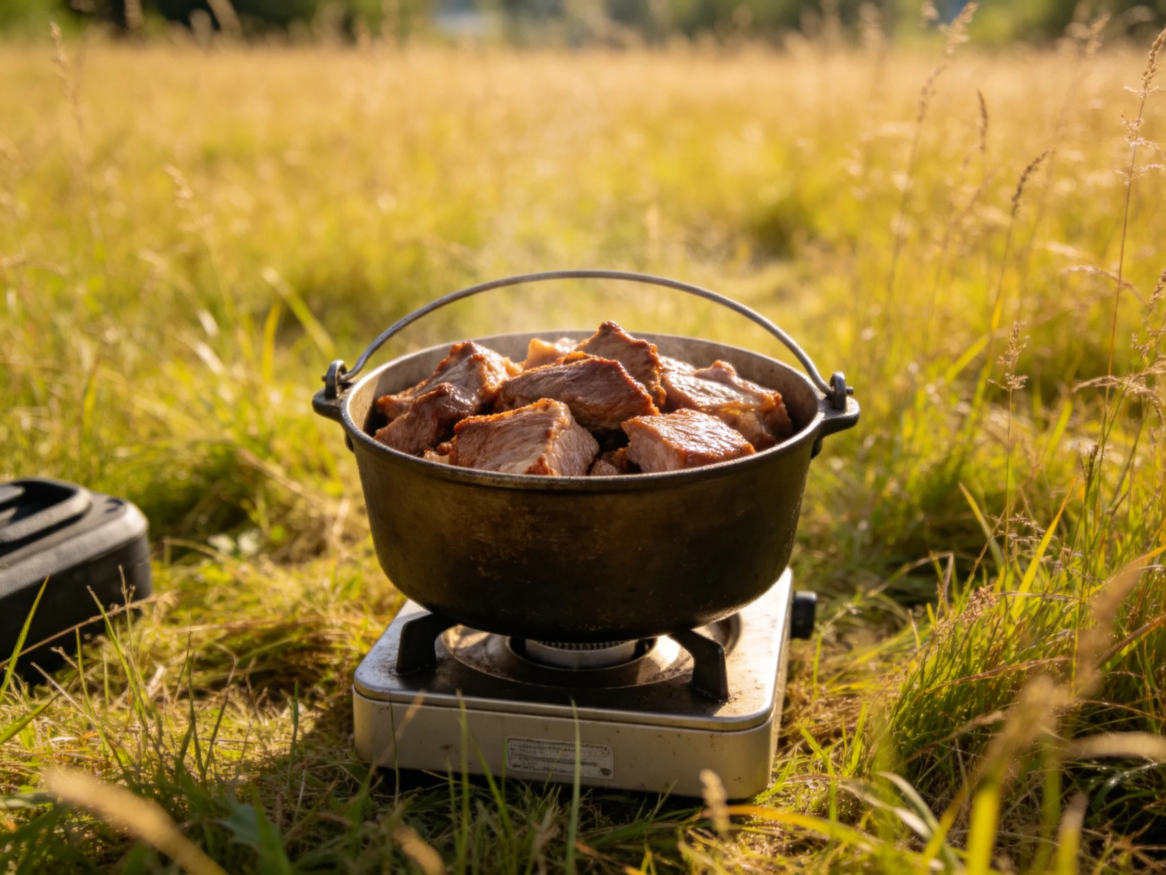 Cast iron pot with roasted meat on portable stove in golden meadow
