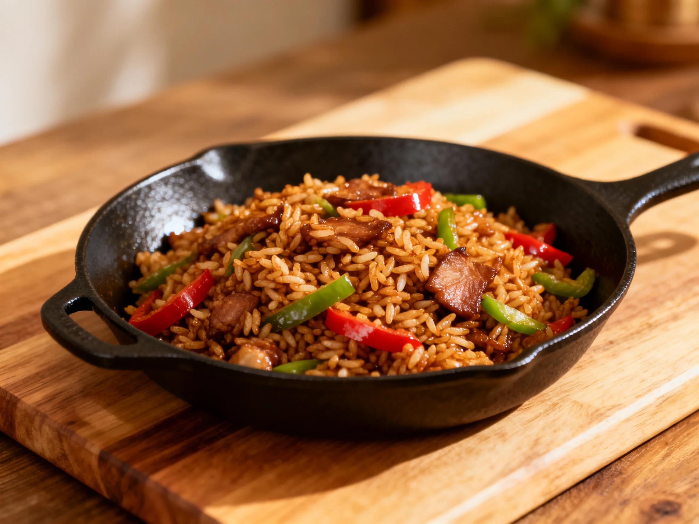 Cast iron skillet with savory fried rice, red and green peppers, and meat