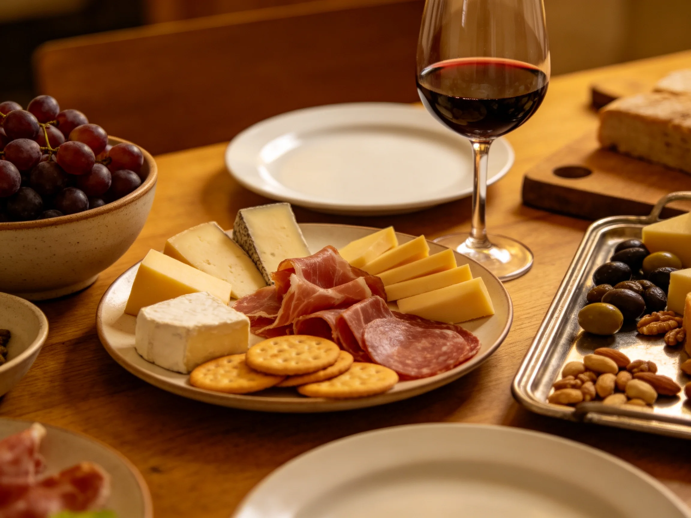 Cheese platter with cured meats, grapes, and wine on a wooden table