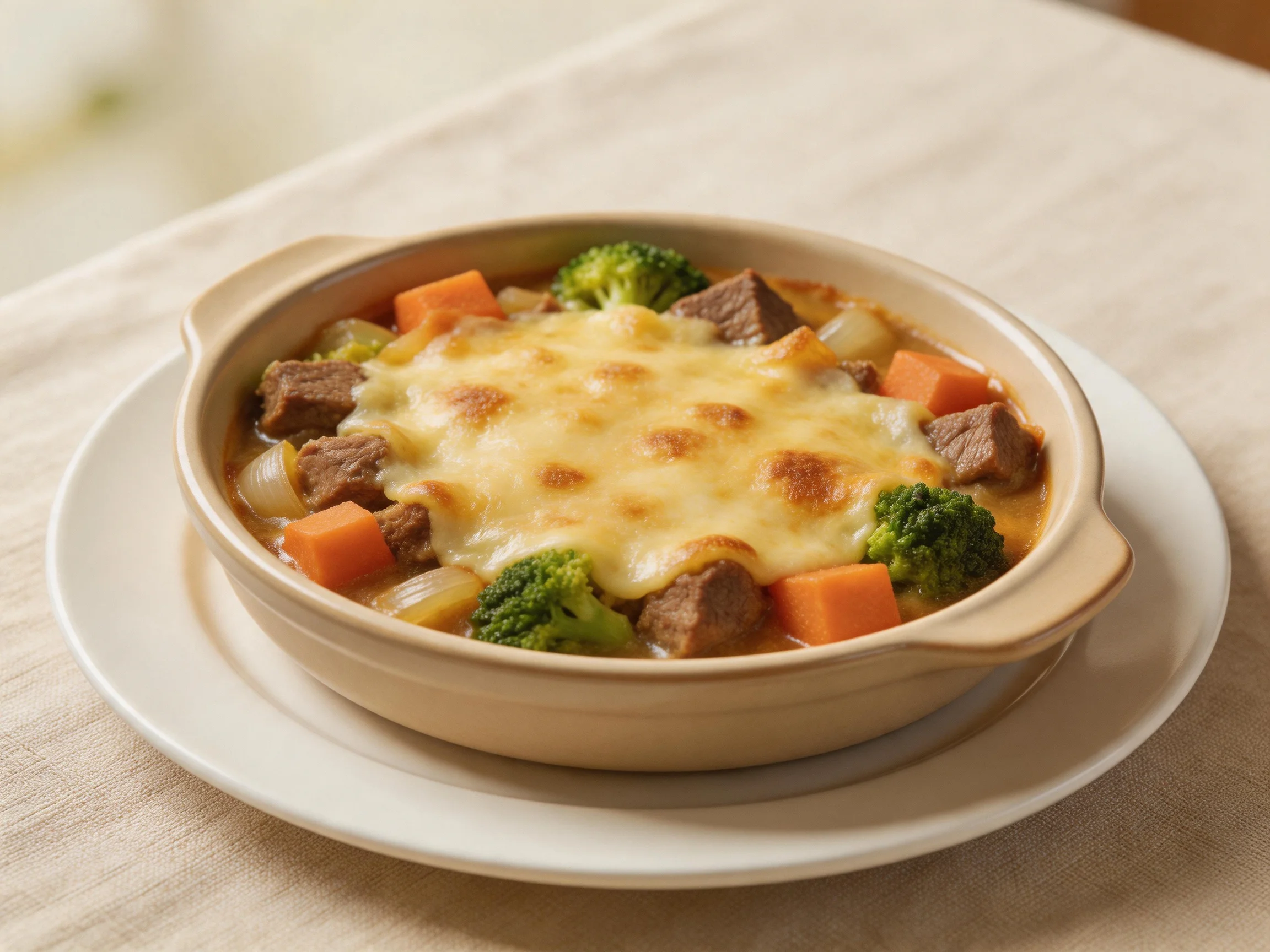 Cheese-topped beef and veggie casserole in a ceramic dish