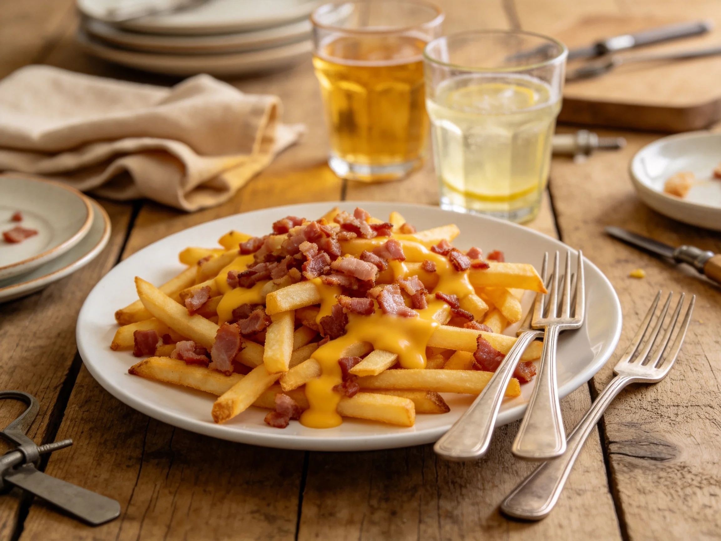Cheese-topped fries with crispy bacon on a rustic wooden table